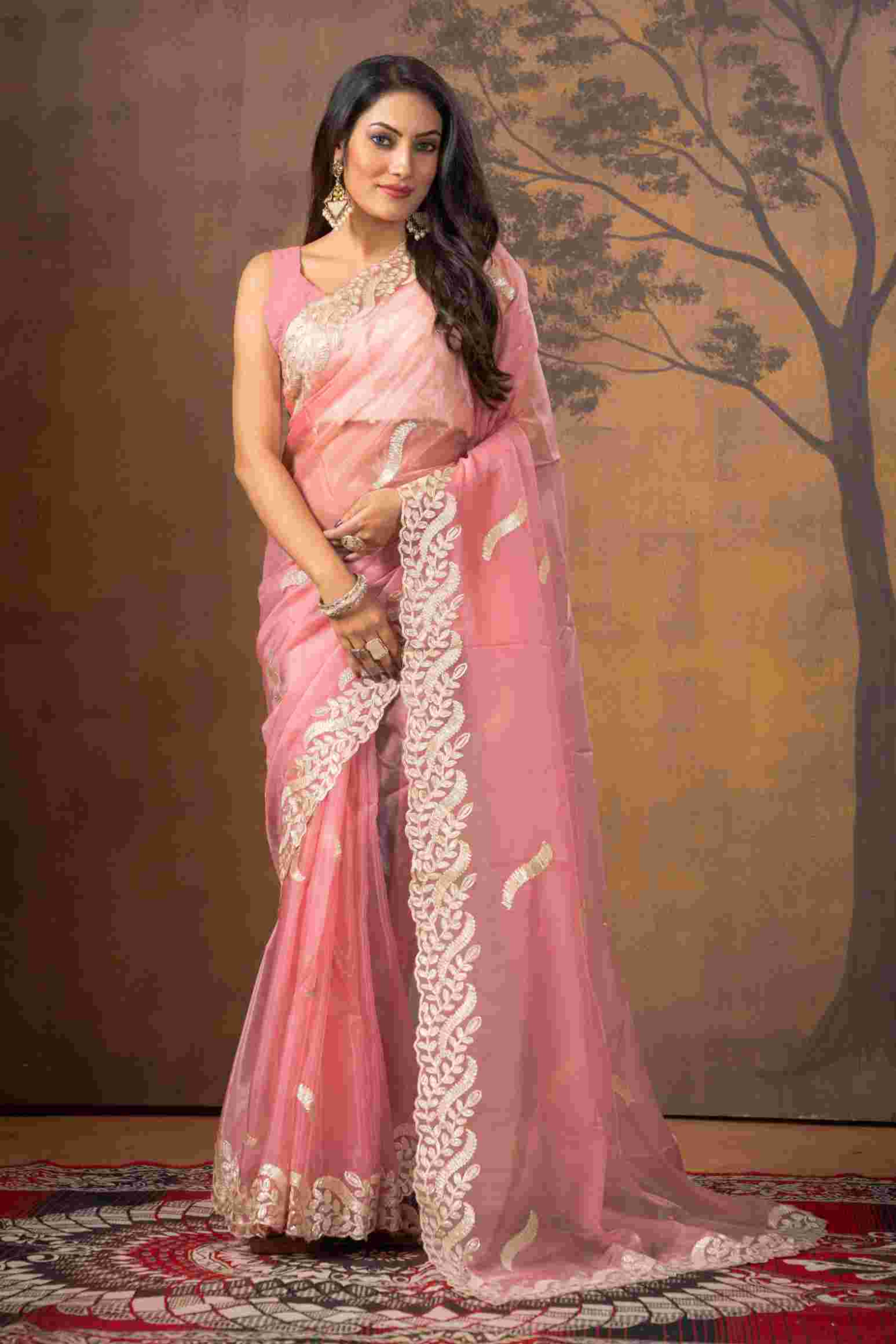 Pink Gottapatti work Organza Saree - KAJREE