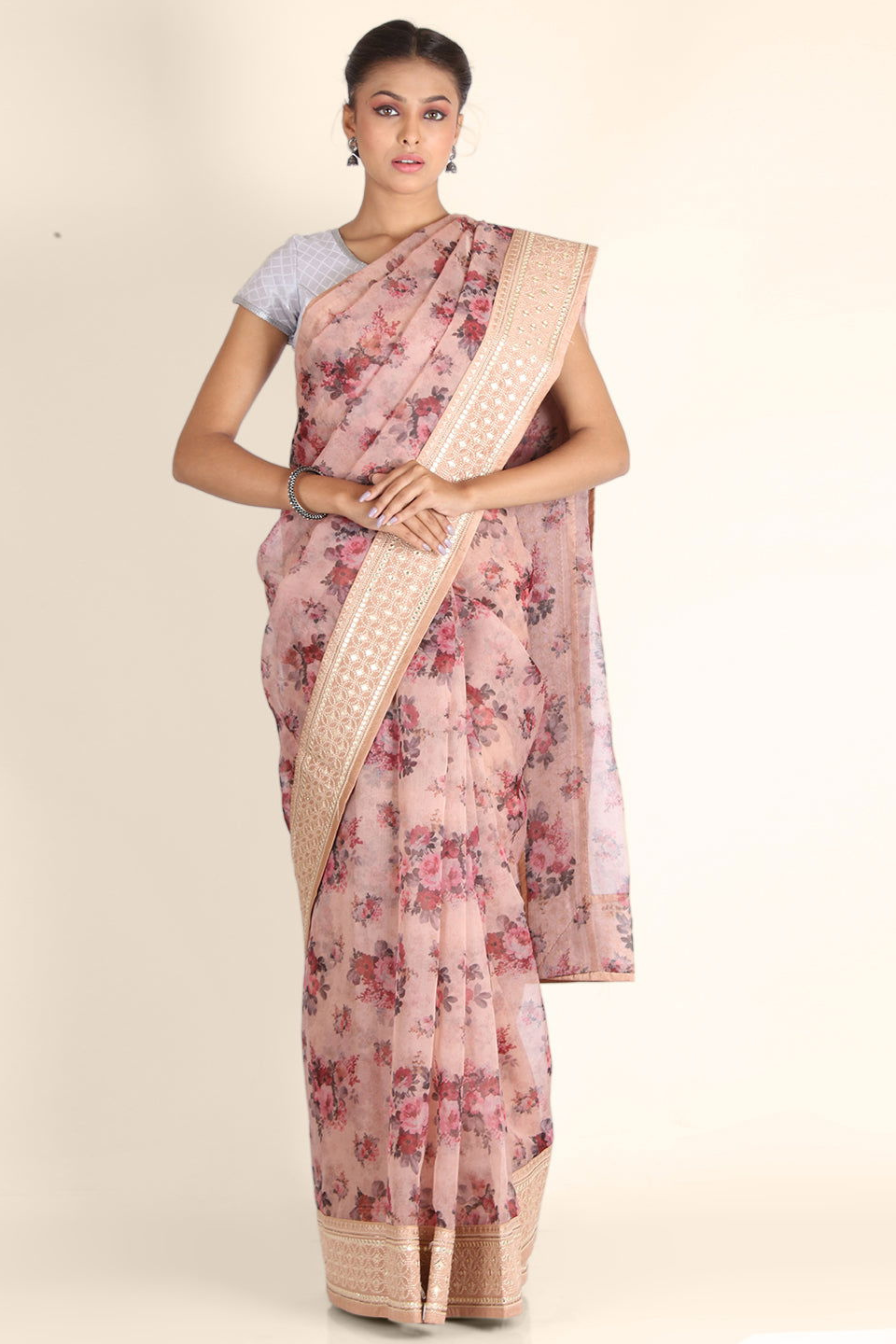 Beige Abla Work Printed Organza Saree - KAJREE