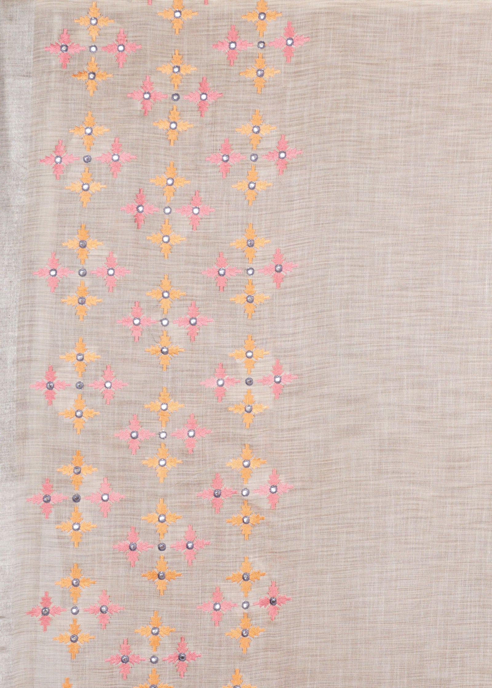 Beige Threadwork Linen Saree - KAJREE