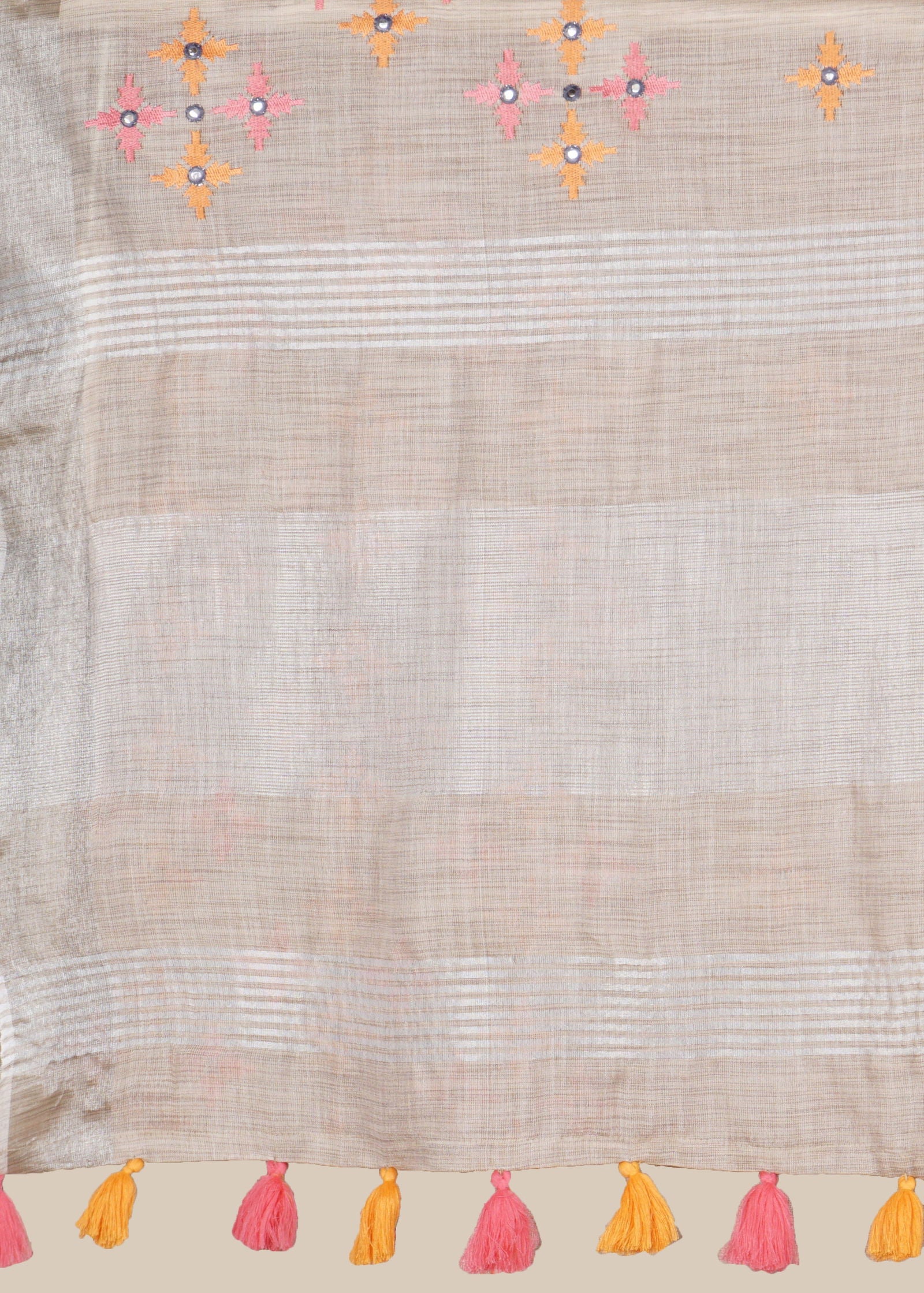 Beige Threadwork Linen Saree - KAJREE