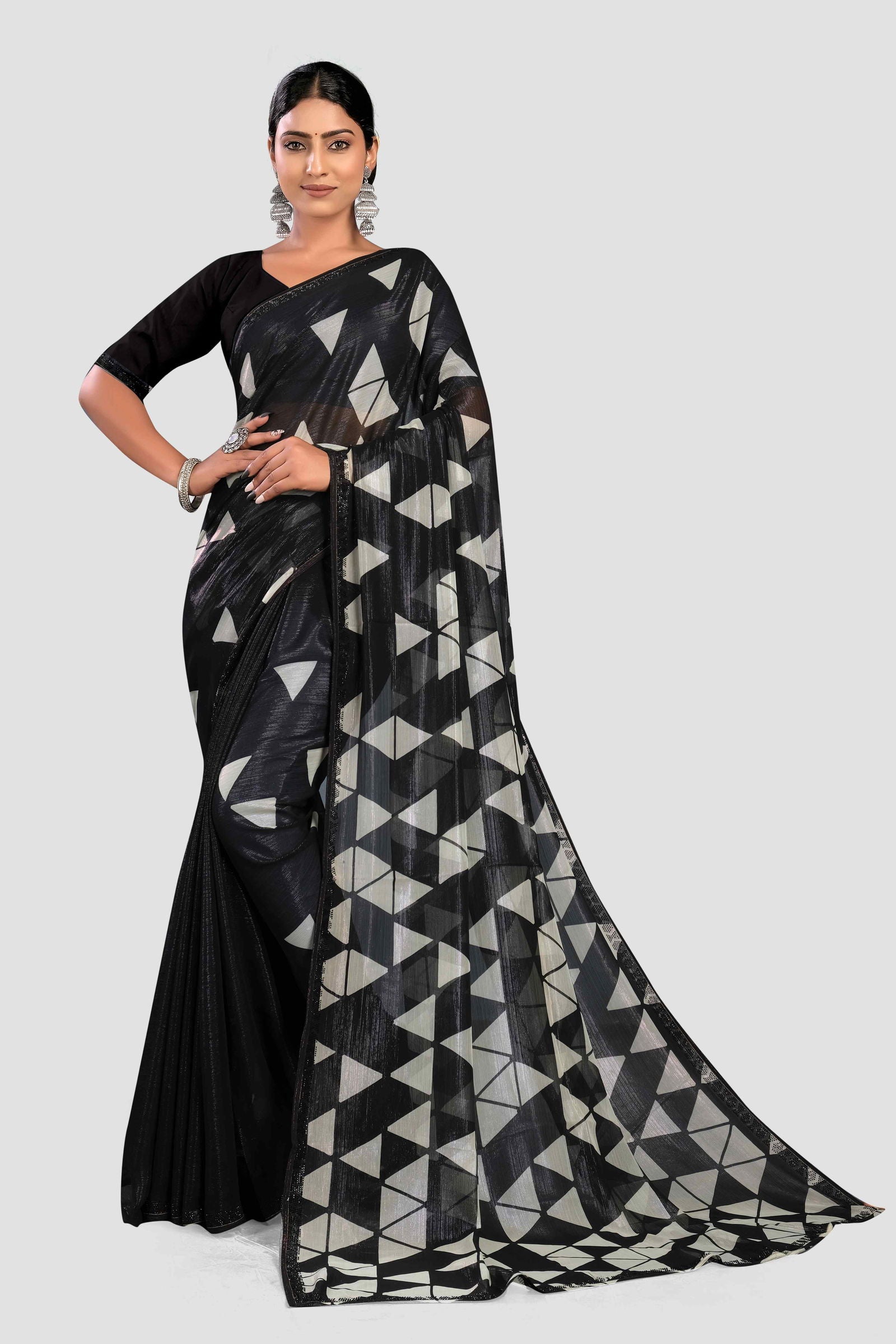 Black Printed Swaroski work Chiffon Saree - KAJREE