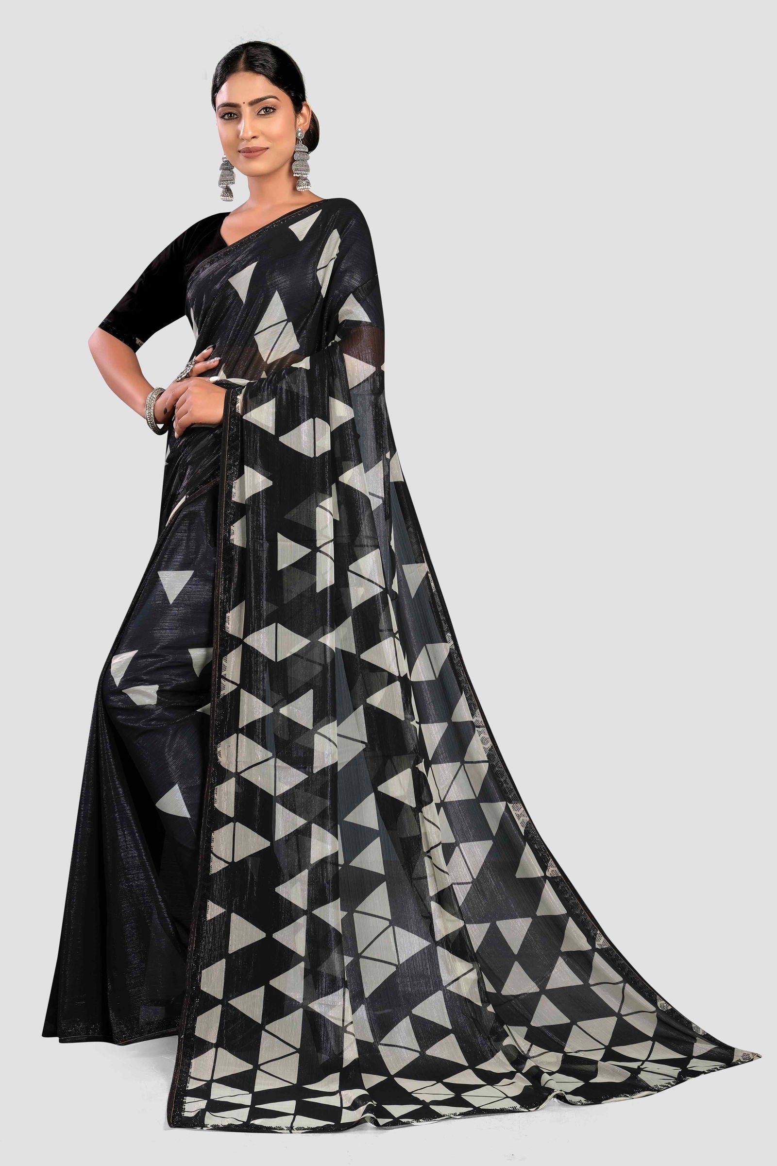 Black Printed Swaroski work Chiffon Saree - KAJREE