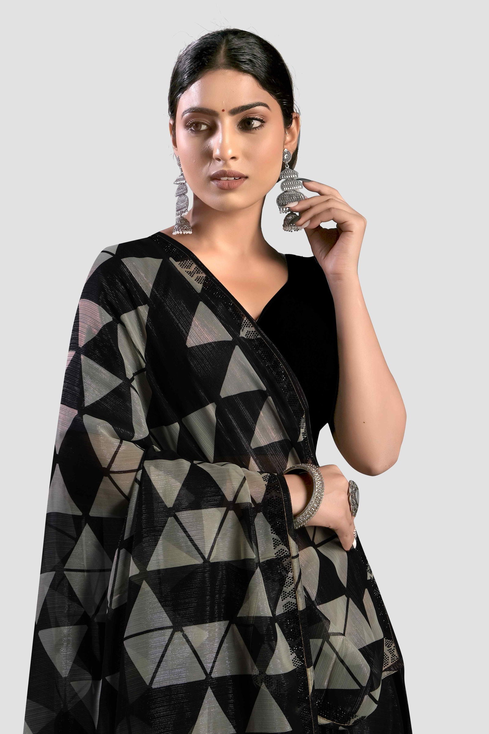 Black Printed Swaroski work Chiffon Saree - KAJREE