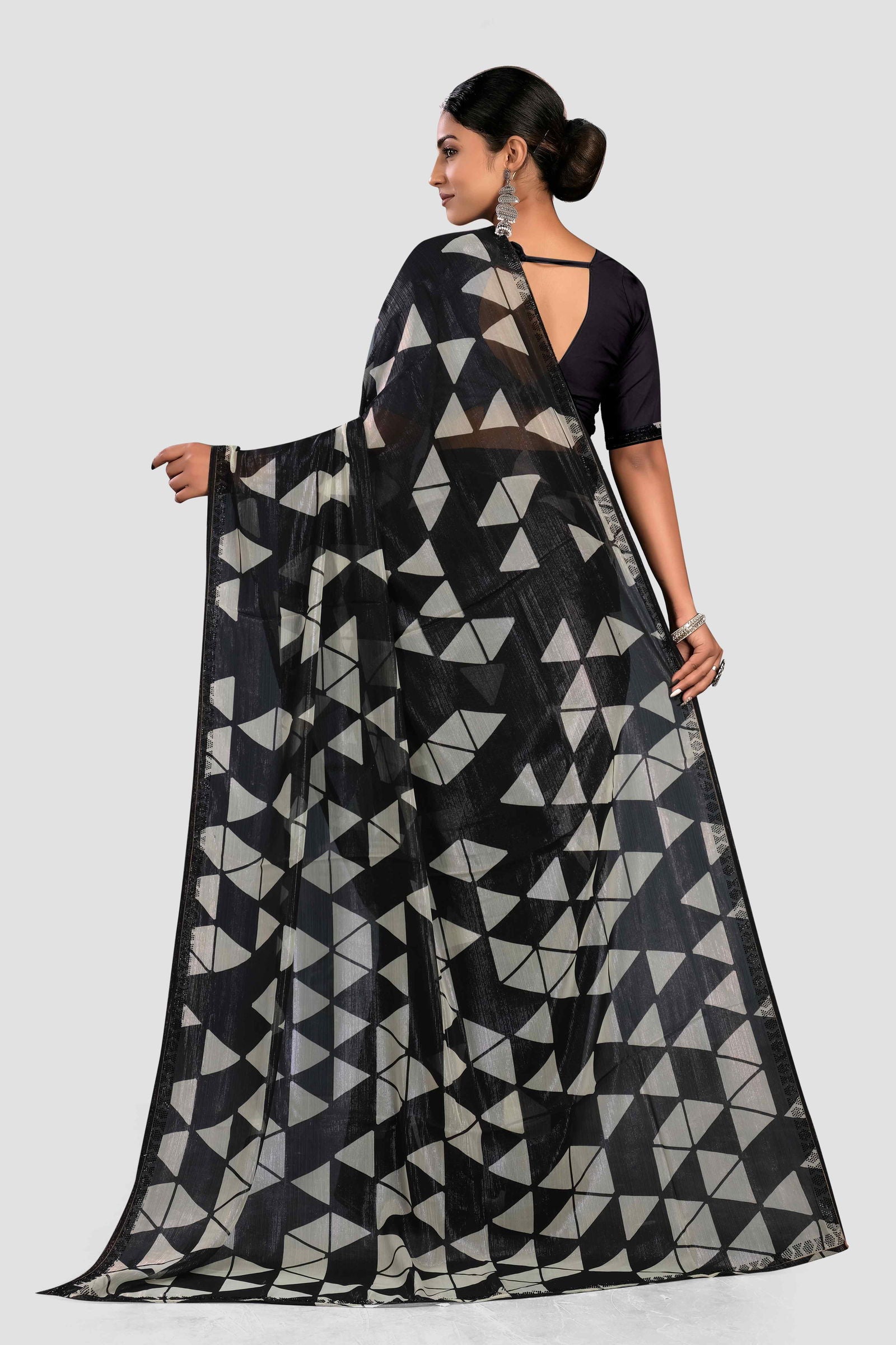 Black Printed Swaroski work Chiffon Saree - KAJREE