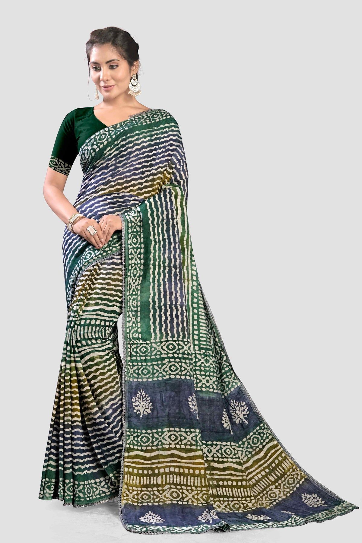 Blue Block print Cotton Saree - KAJREE