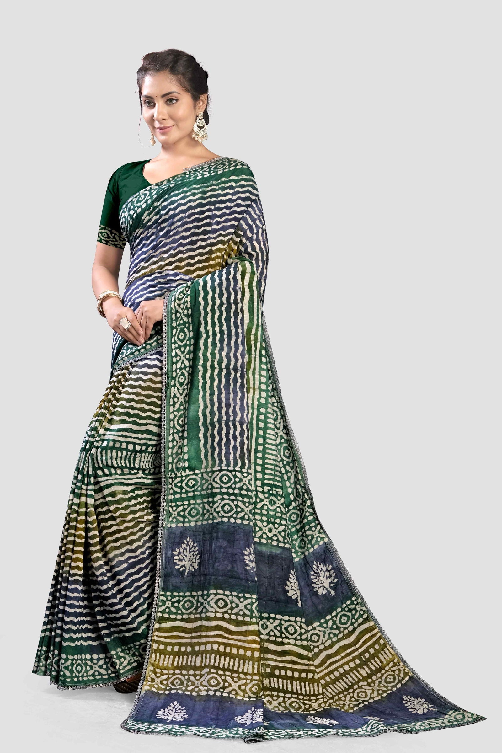 Blue Block print Cotton Saree - KAJREE