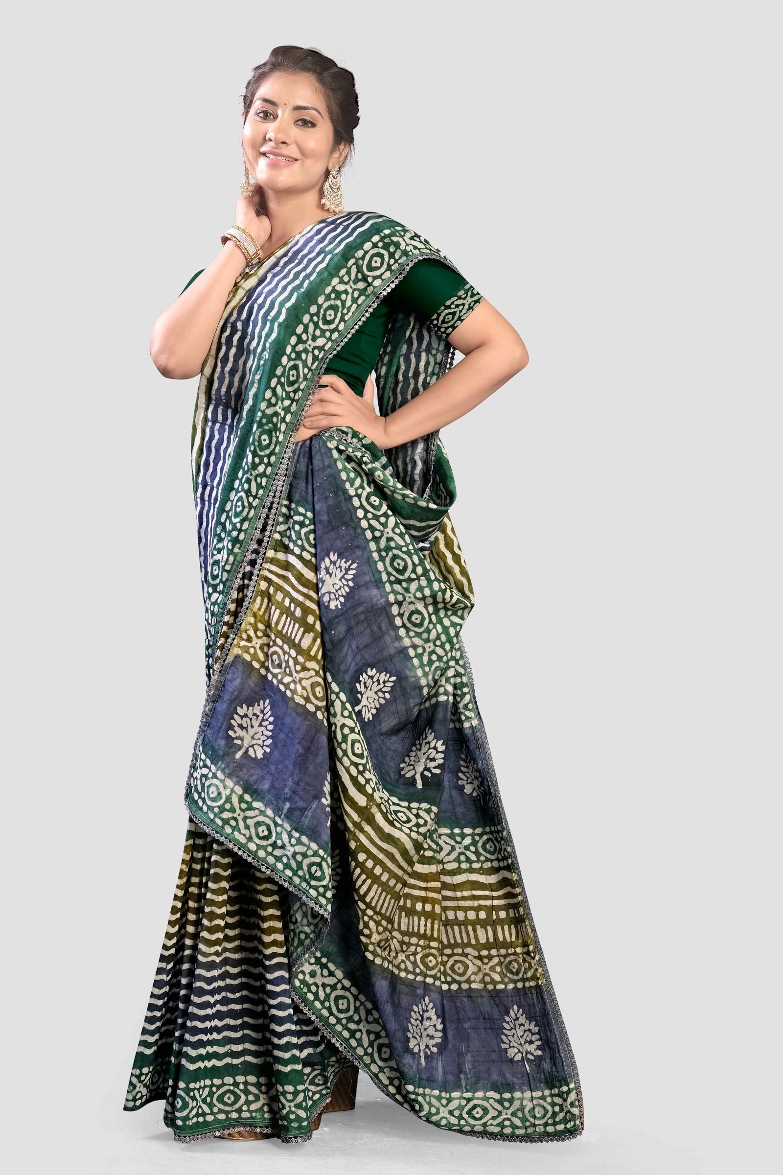 Blue Block print Cotton Saree - KAJREE