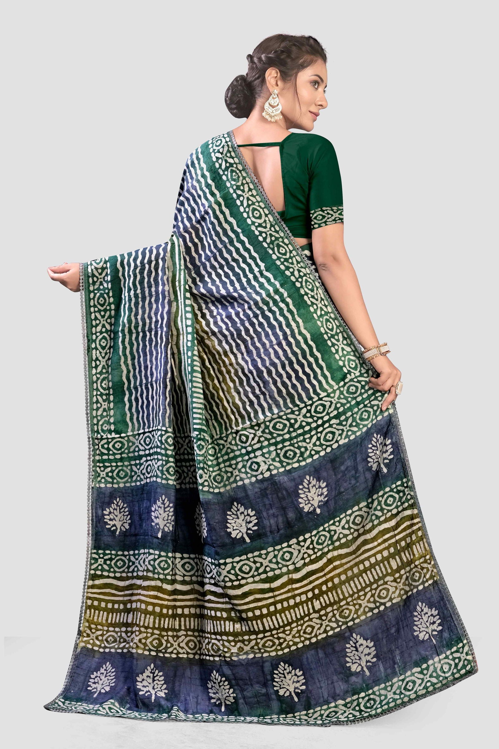 Blue Block print Cotton Saree - KAJREE