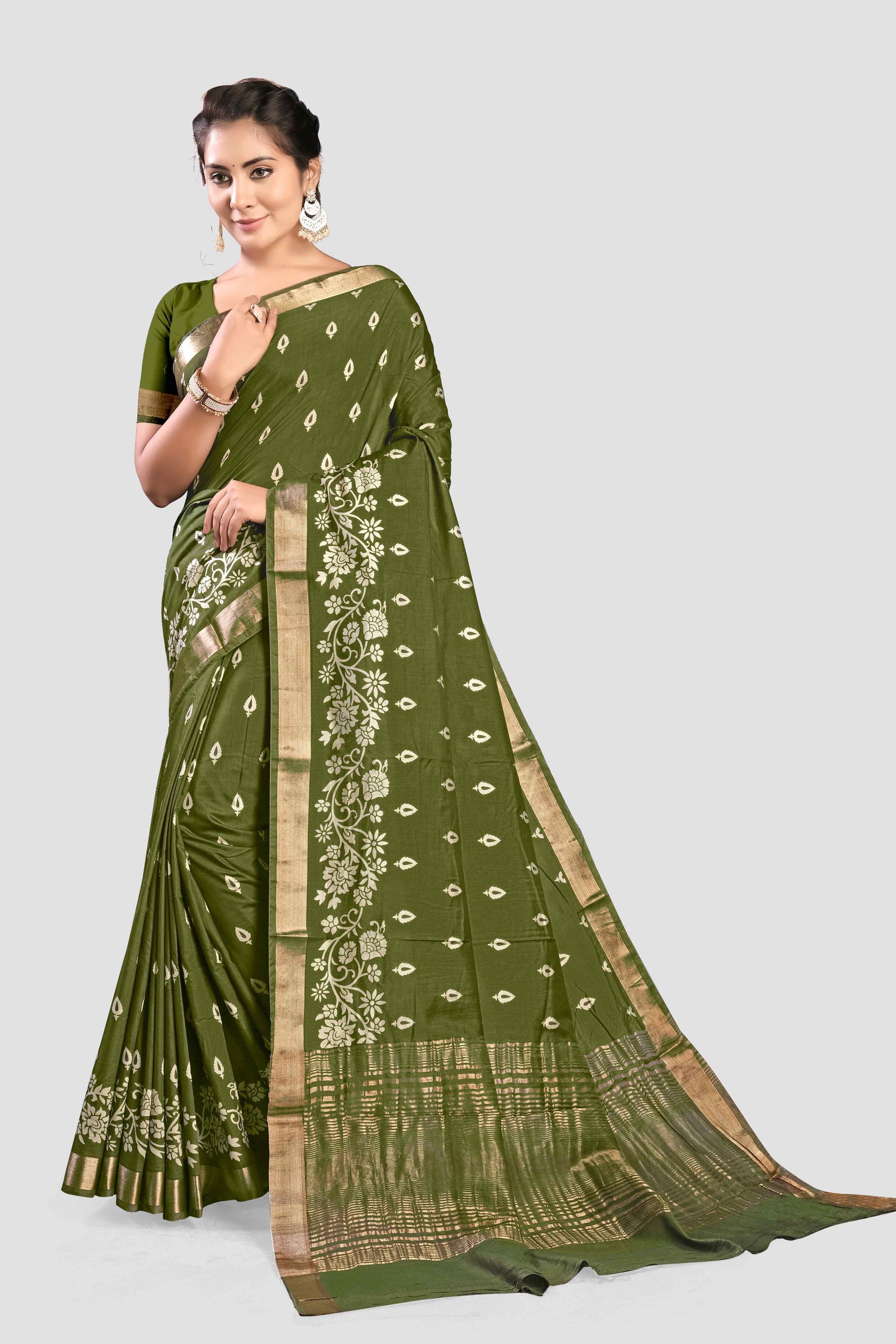 Green Threadwork Cotton Saree - KAJREE