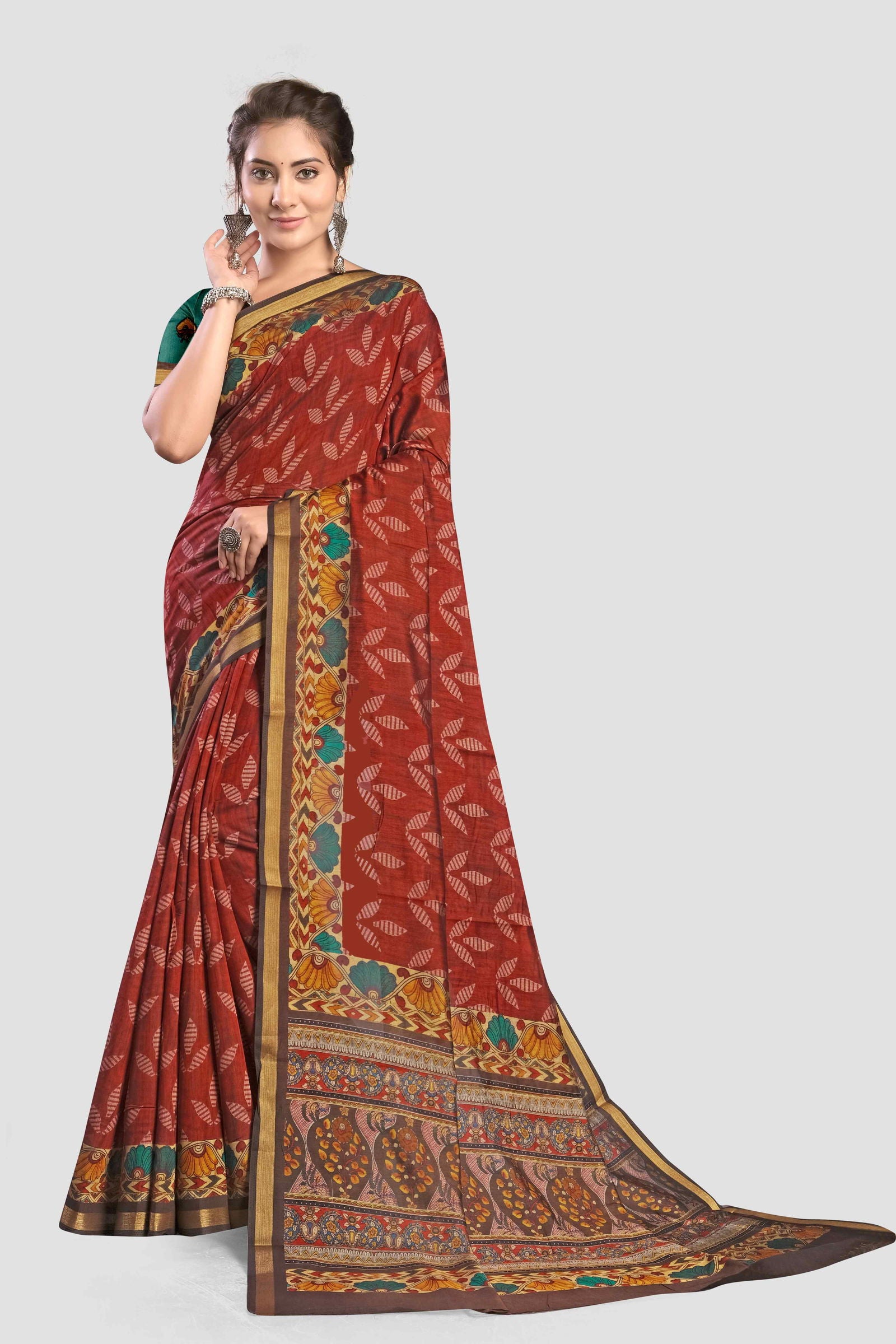 Red Kalamkari print Cotton Saree - KAJREE