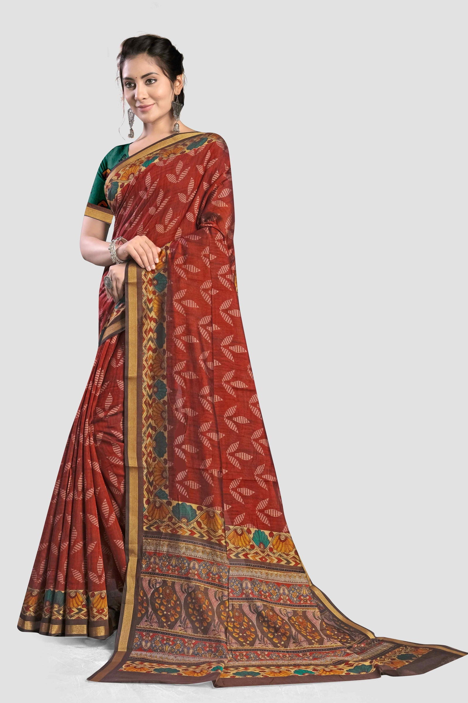 Red Kalamkari print Cotton Saree - KAJREE