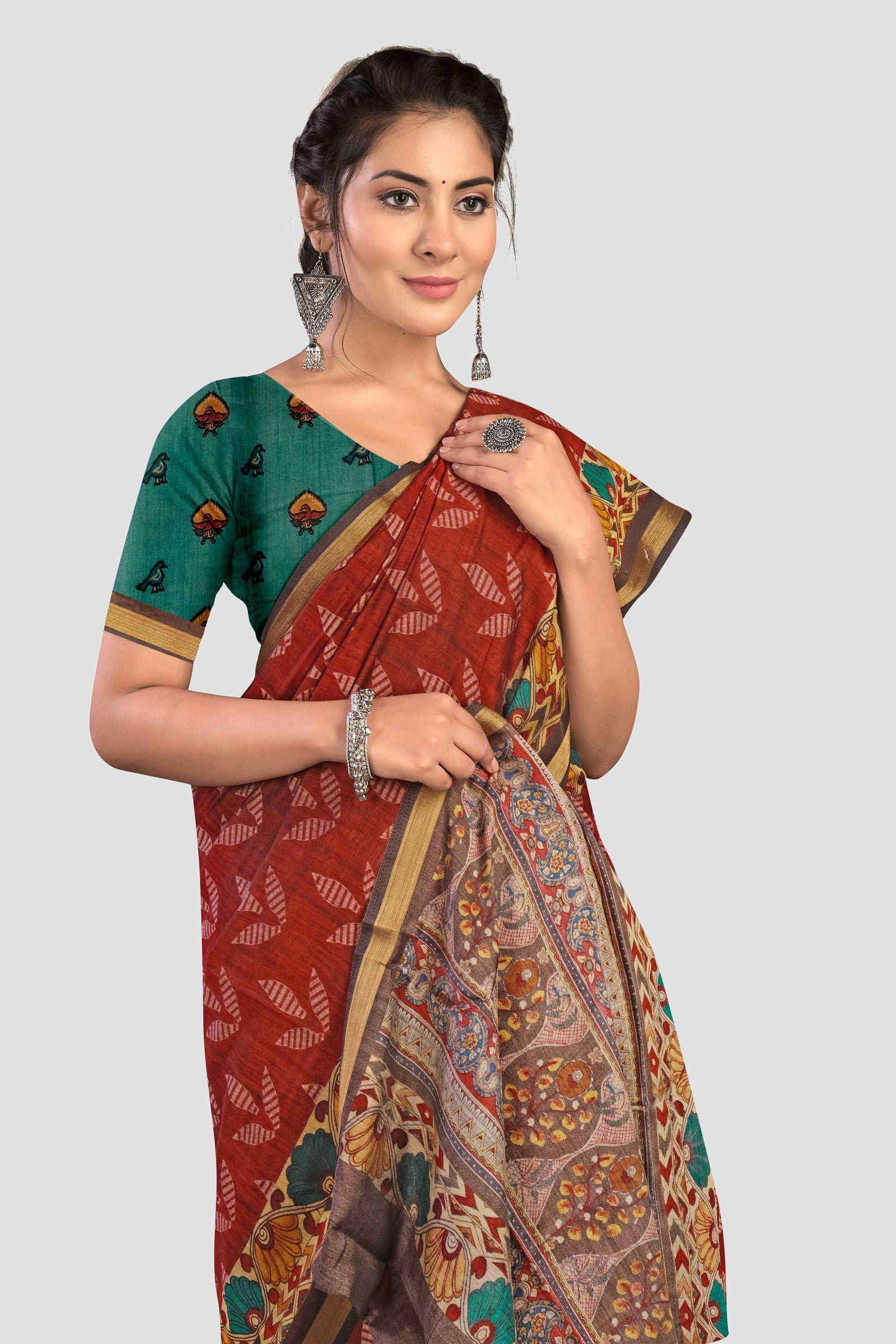Red Kalamkari print Cotton Saree - KAJREE