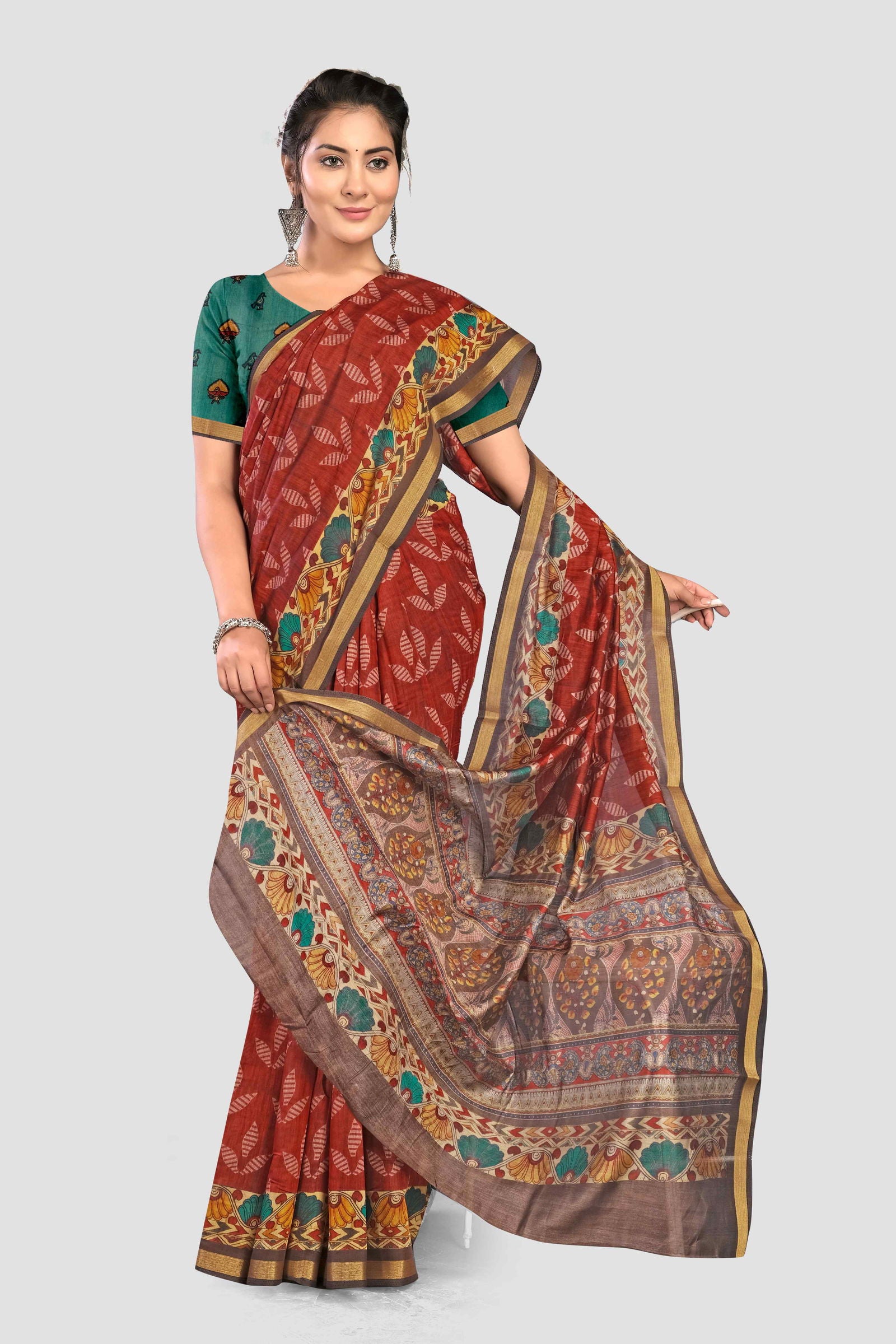 Red Kalamkari print Cotton Saree - KAJREE