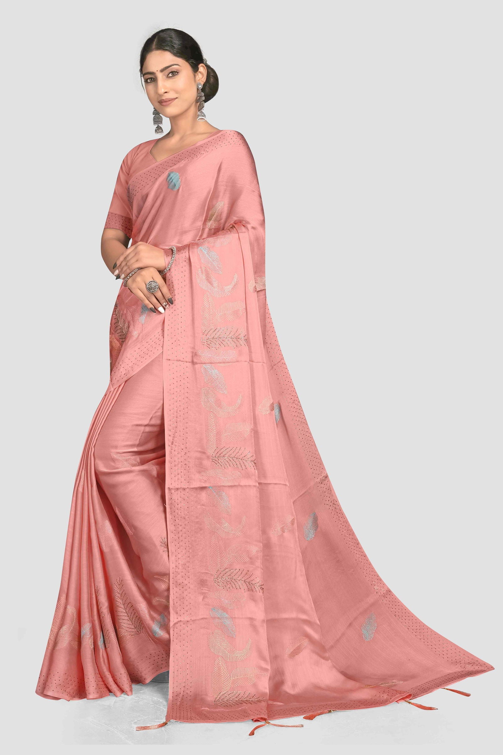 Peach Stonework Crepe Saree - KAJREE
