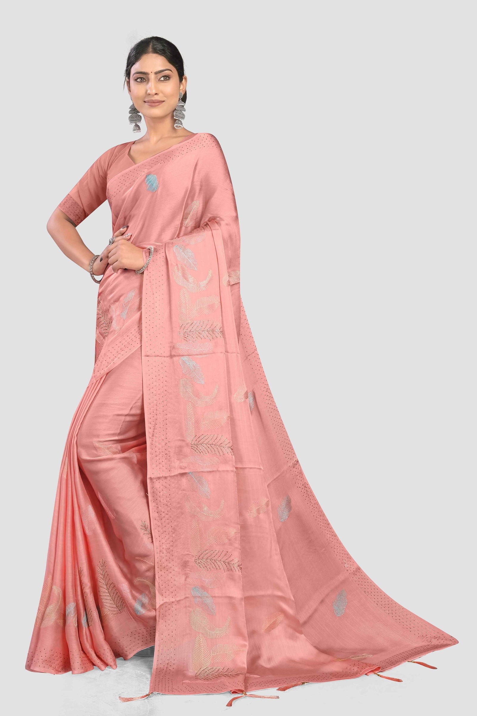 Peach Stonework Crepe Saree - KAJREE