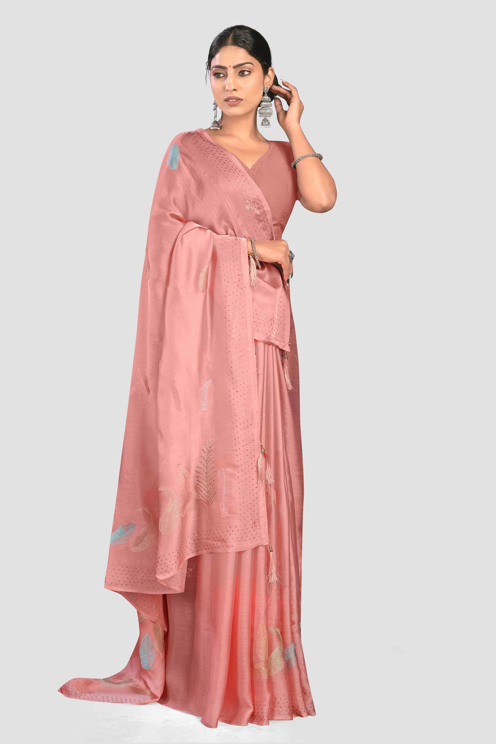 Peach Stonework Crepe Saree - KAJREE