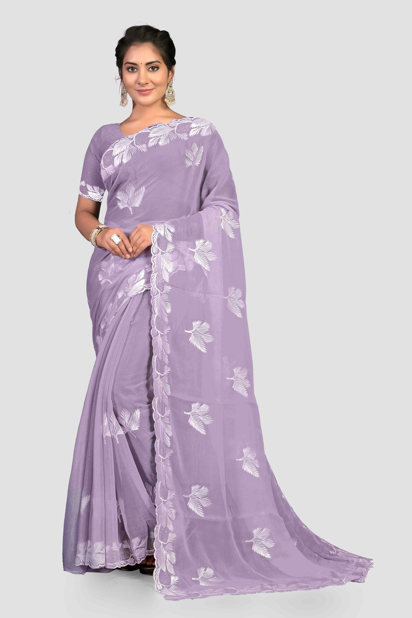Lavender Threadwork Crepe Saree - KAJREE