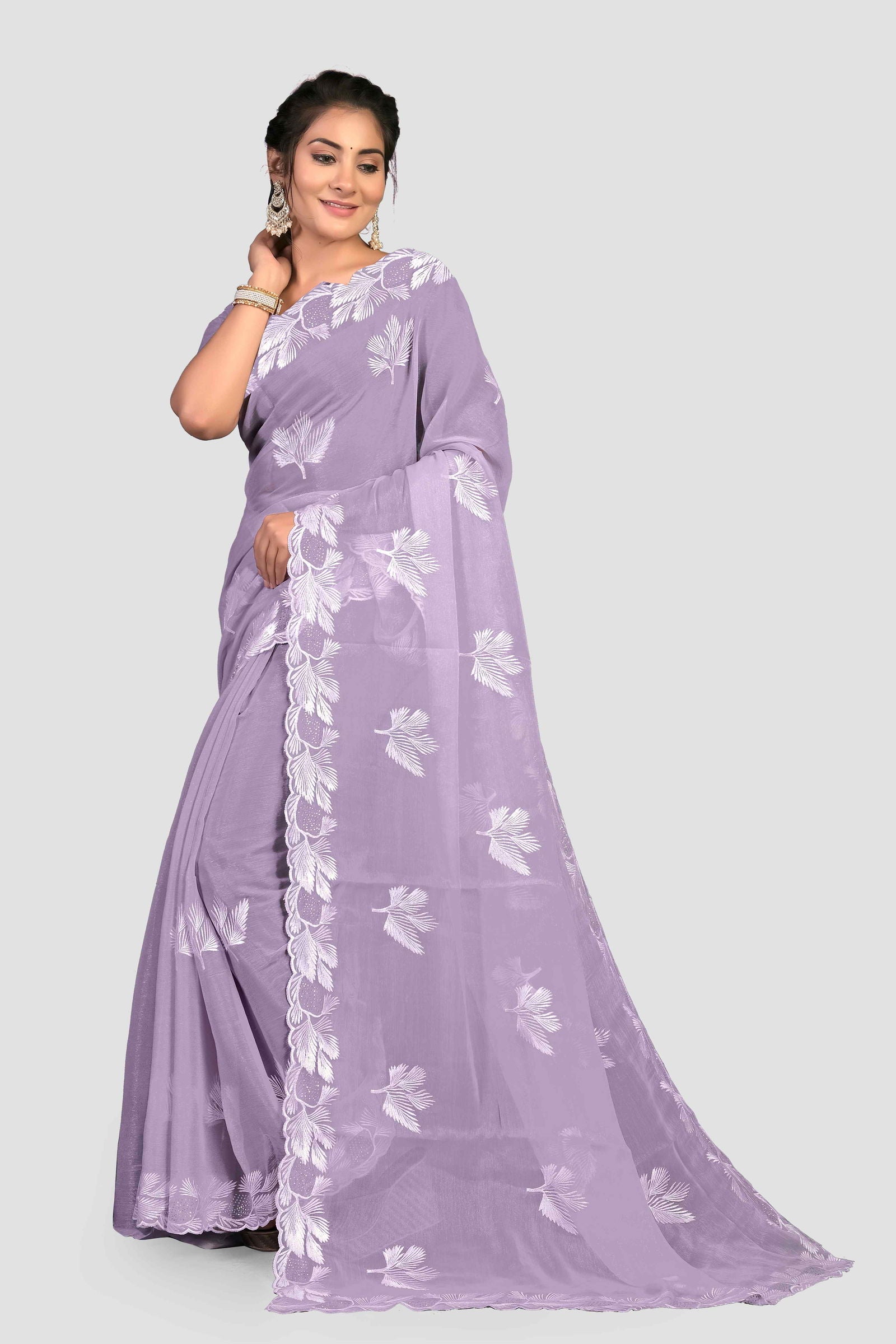 Lavender Threadwork Crepe Saree - KAJREE