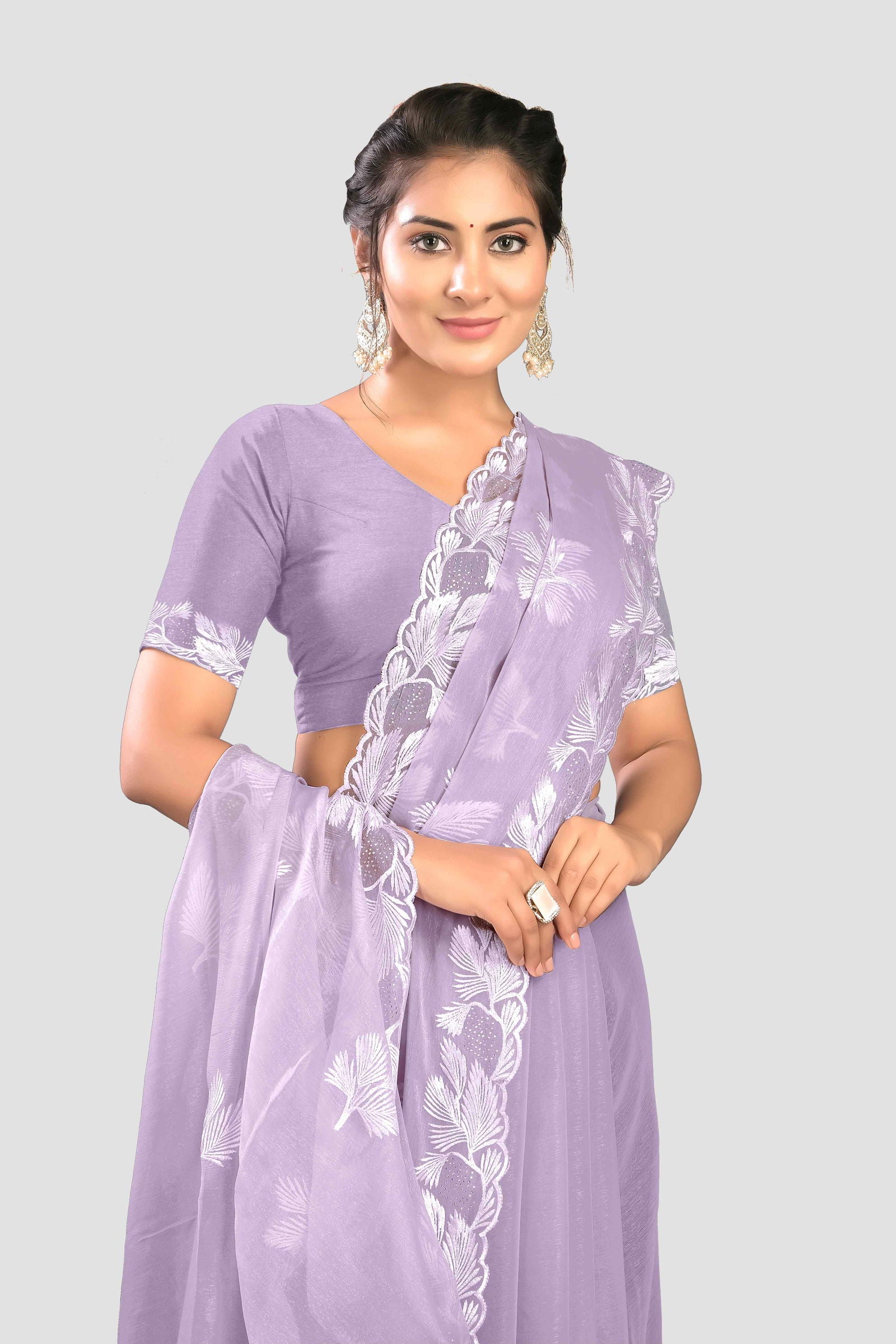 Lavender Threadwork Crepe Saree - KAJREE