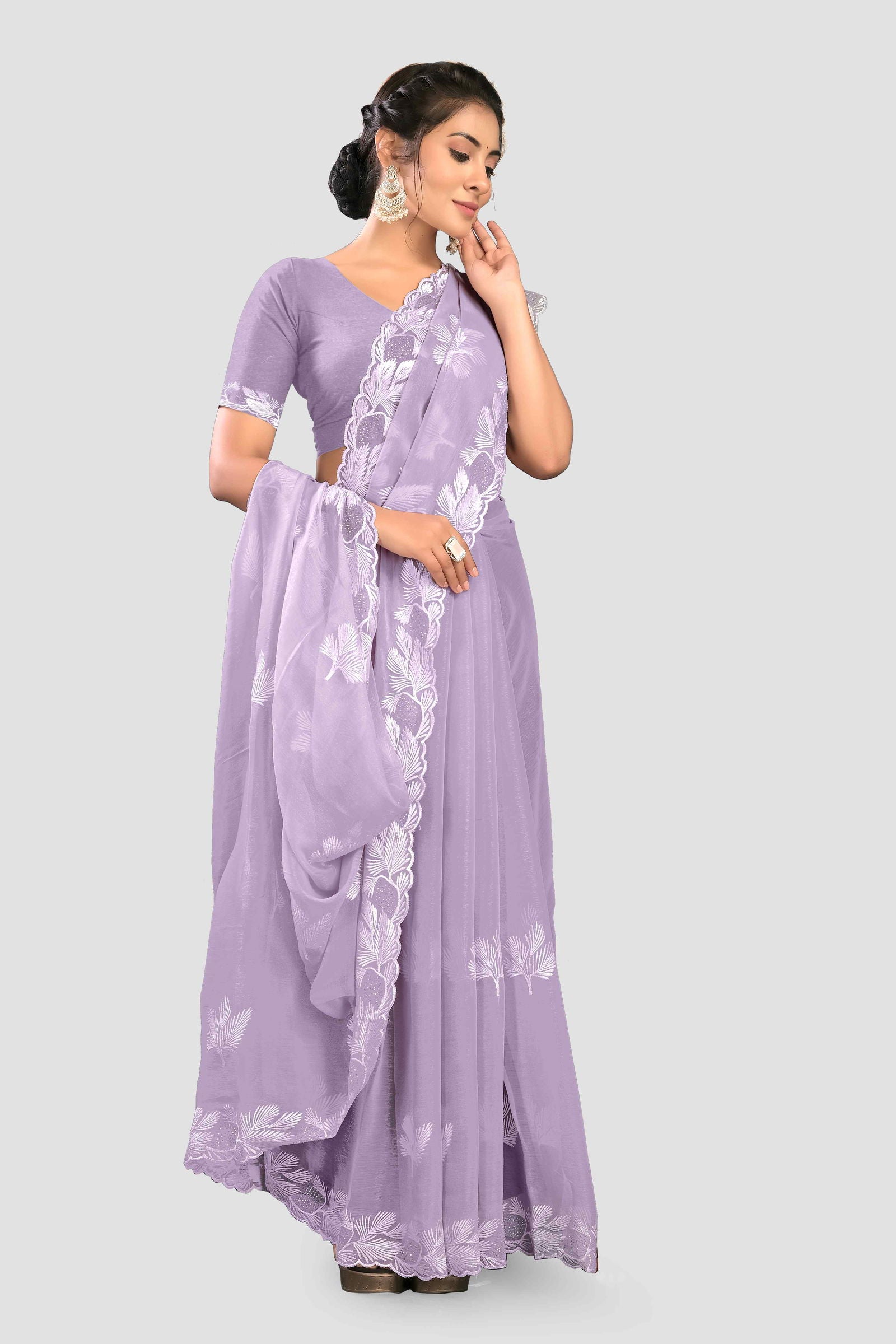 Lavender Threadwork Crepe Saree - KAJREE