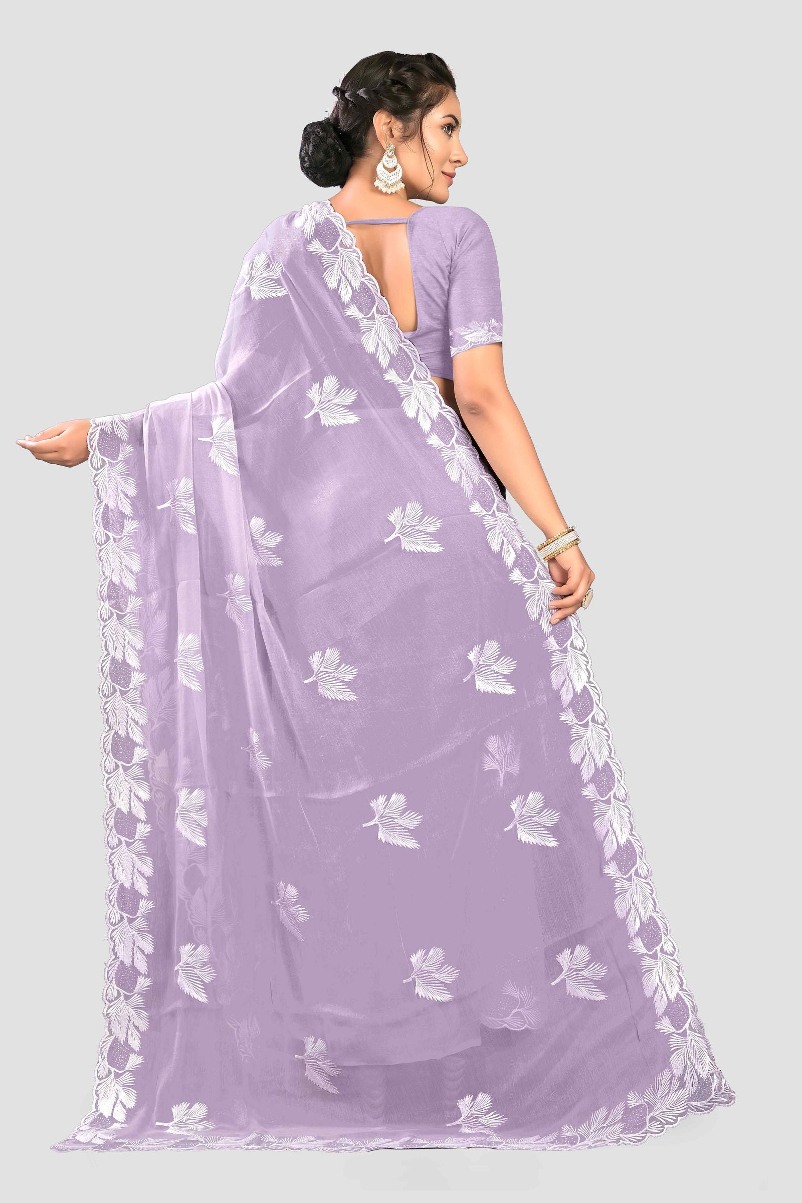 Lavender Threadwork Crepe Saree - KAJREE