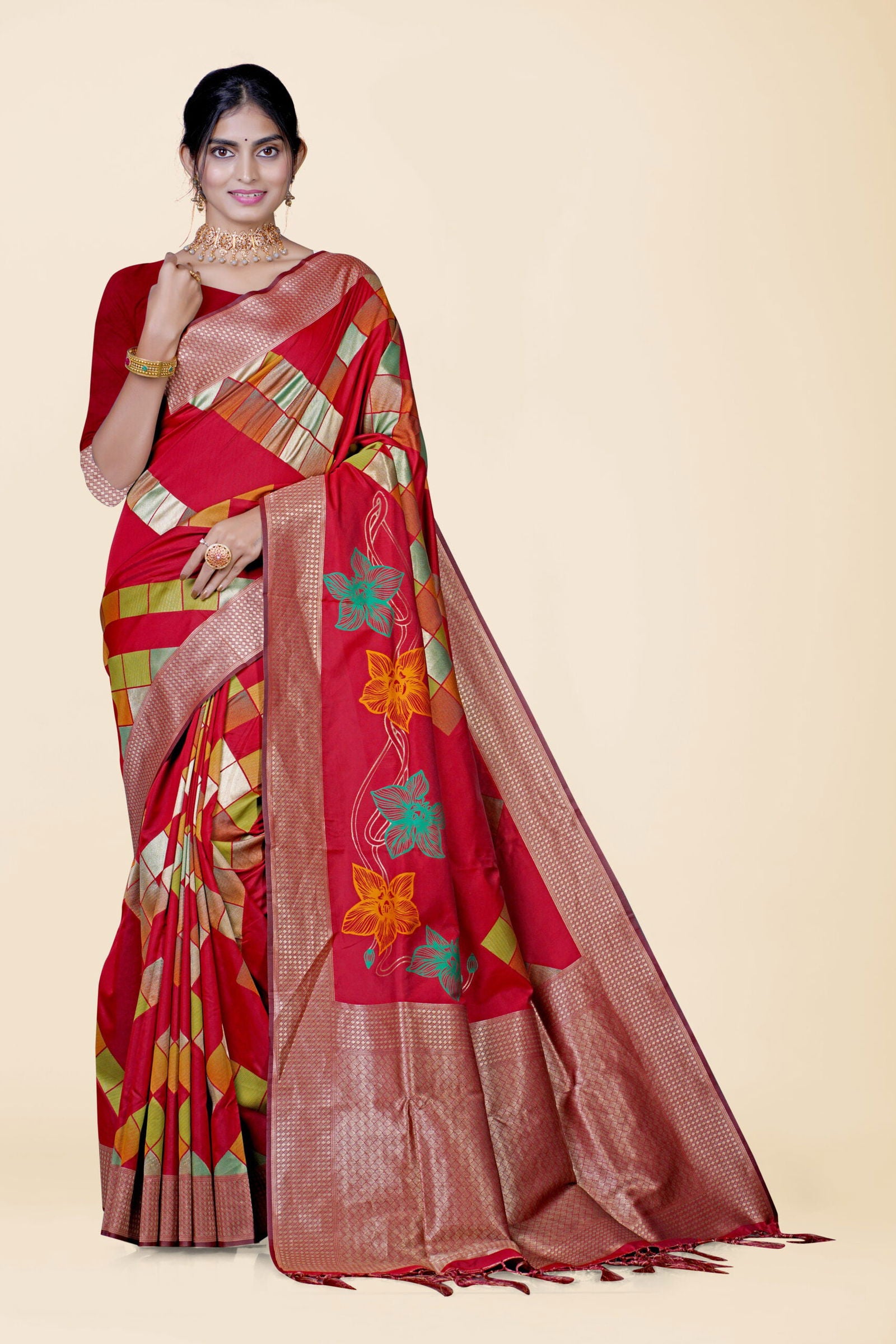 Red Handcrafted Work Brasso Silk Saree - KAJREE