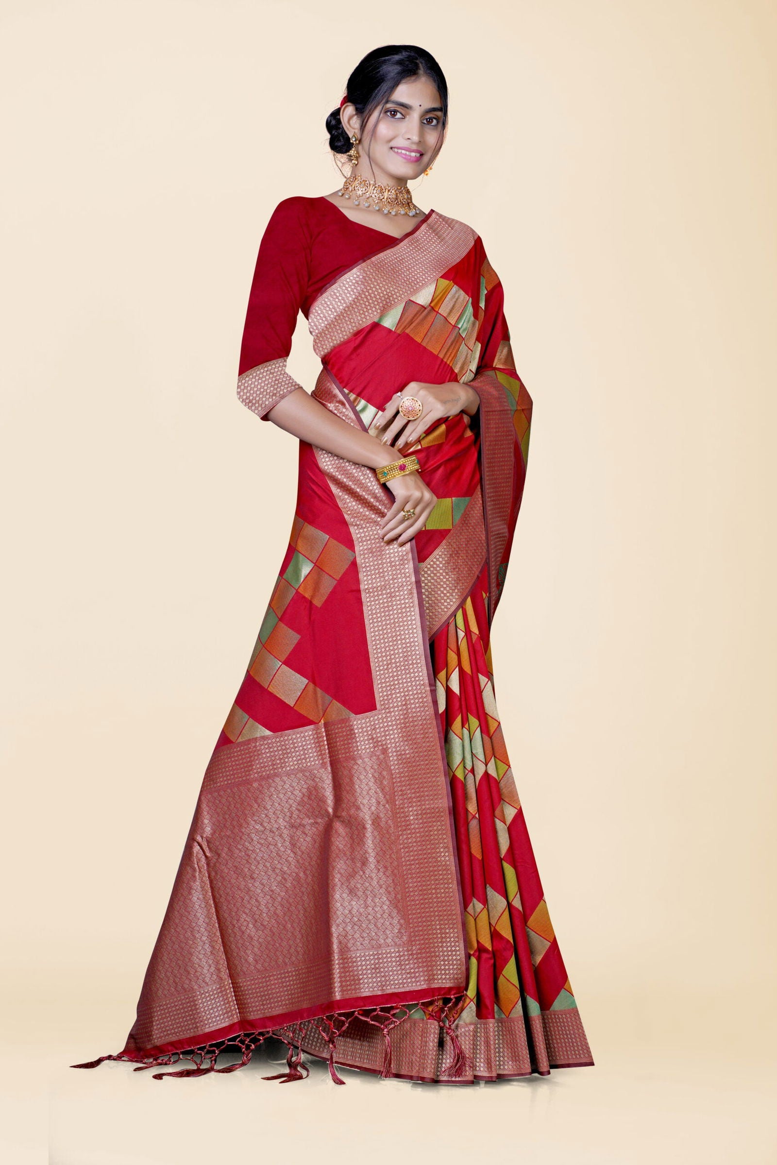 Red Handcrafted Work Brasso Silk Saree - KAJREE