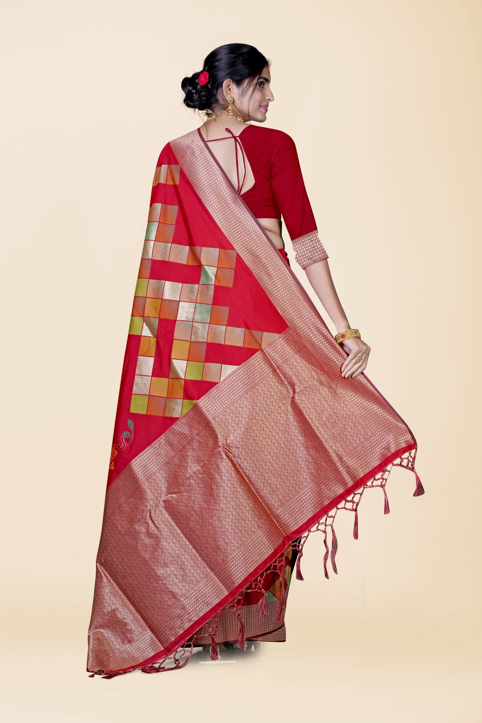 Red Handcrafted Work Brasso Silk Saree - KAJREE