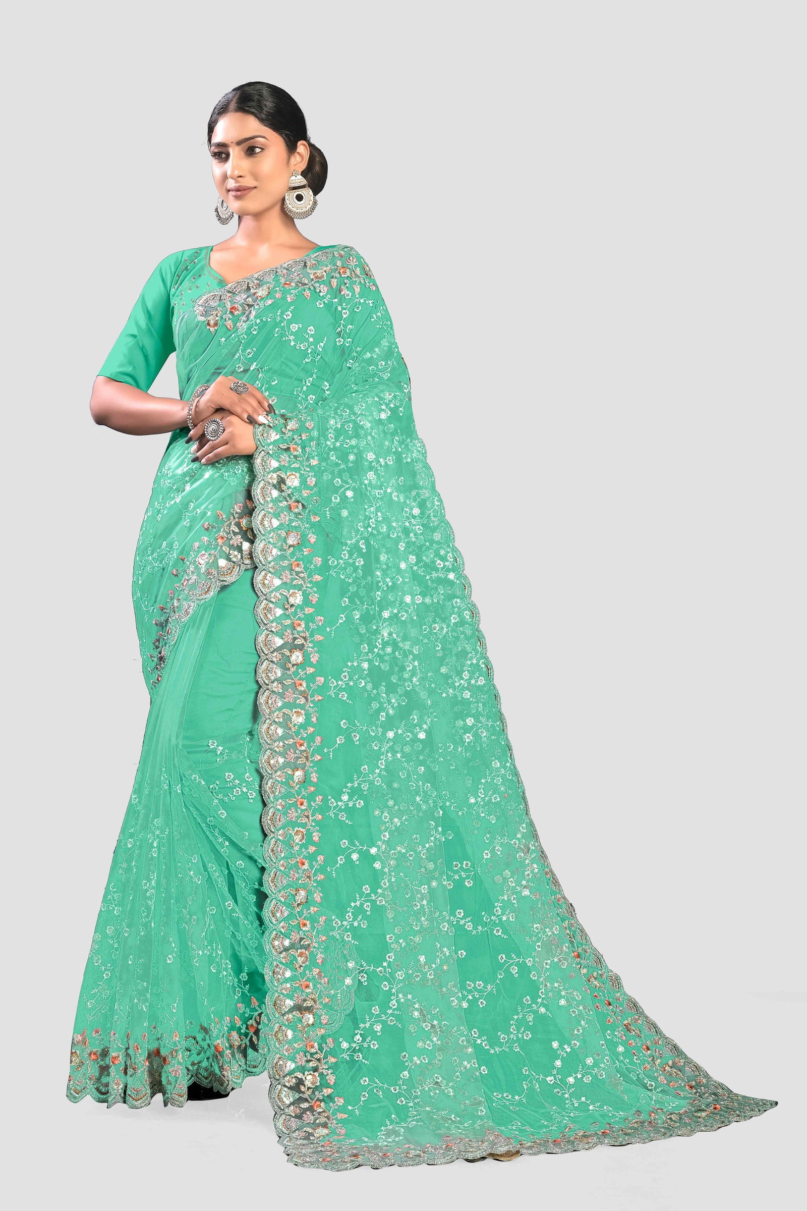 Sky Blue Stonework Net Saree - KAJREE