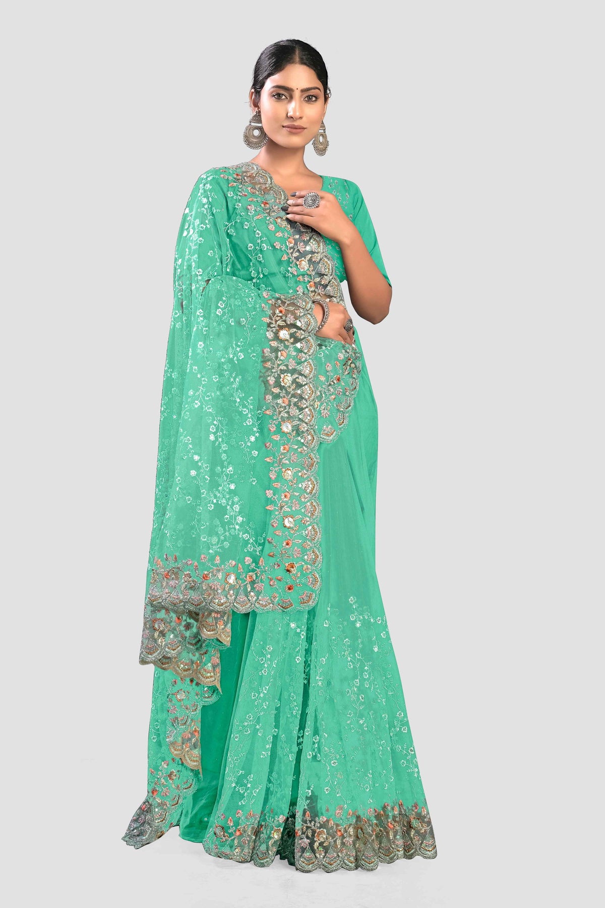 Sky Blue Stonework Net Saree - KAJREE