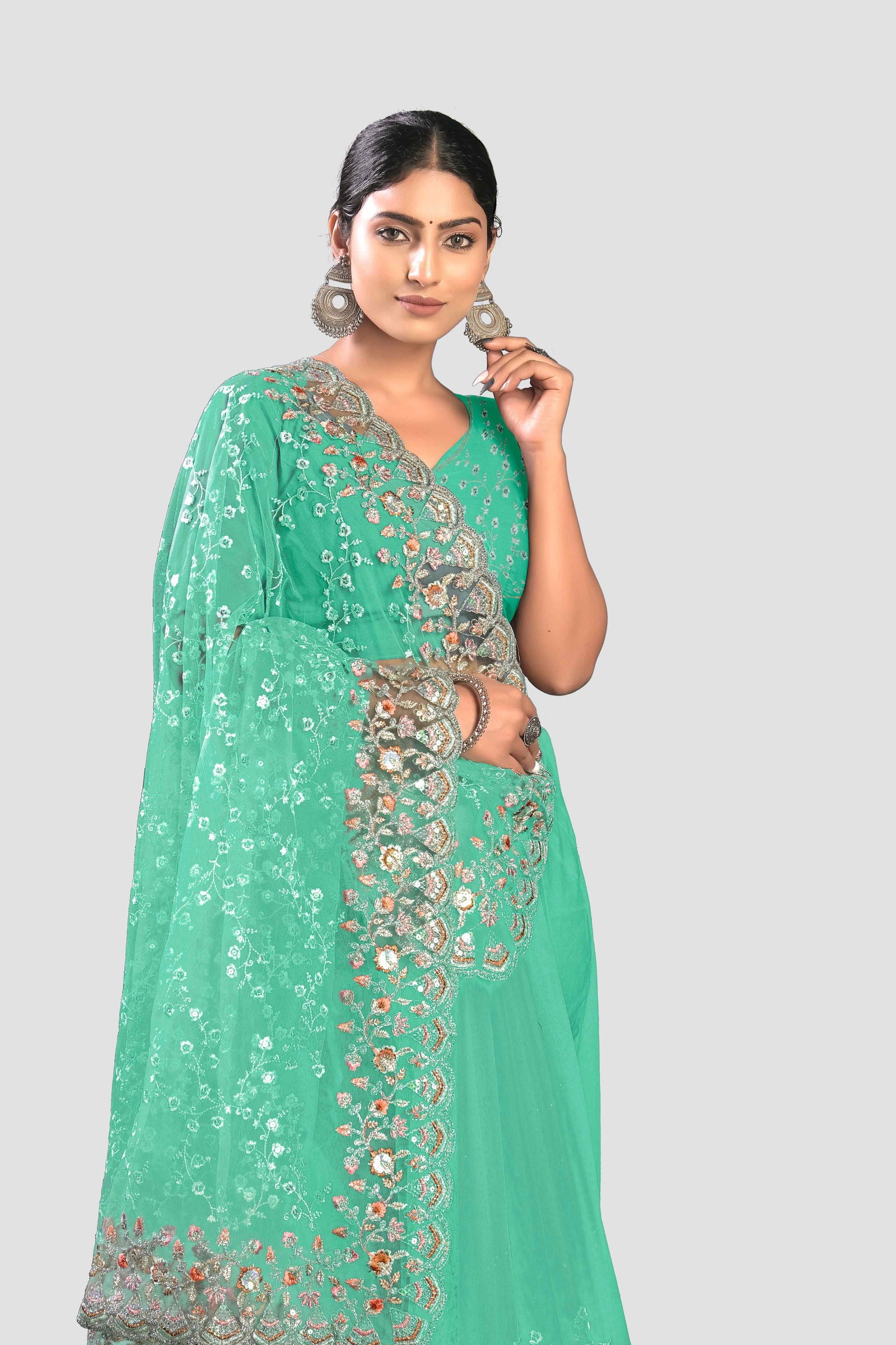 Sky Blue Stonework Net Saree - KAJREE