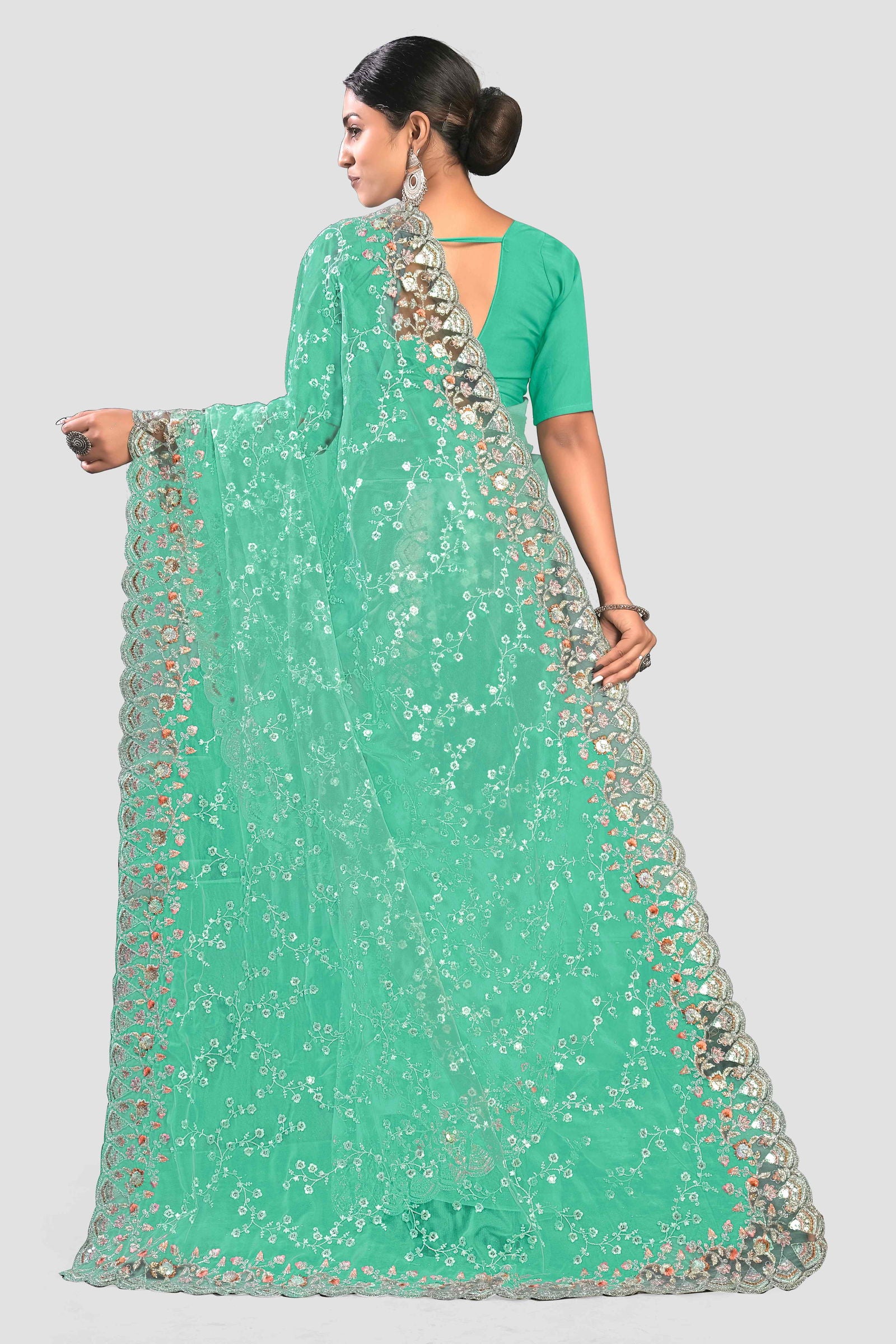 Sky Blue Stonework Net Saree - KAJREE