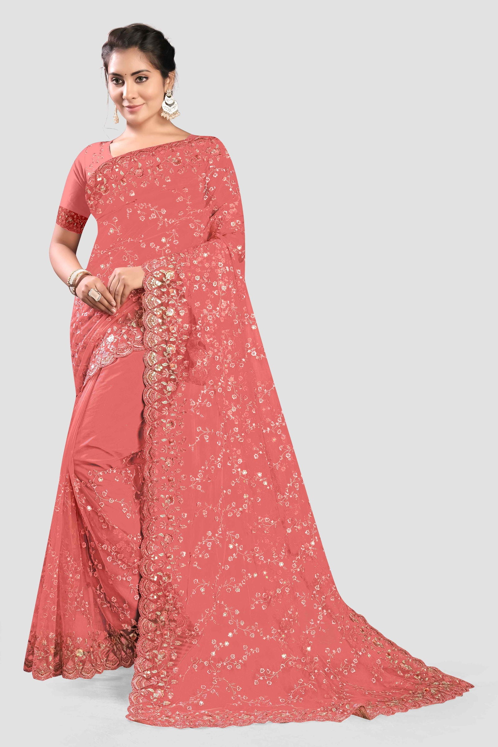 Pink Stonework Net Saree - KAJREE
