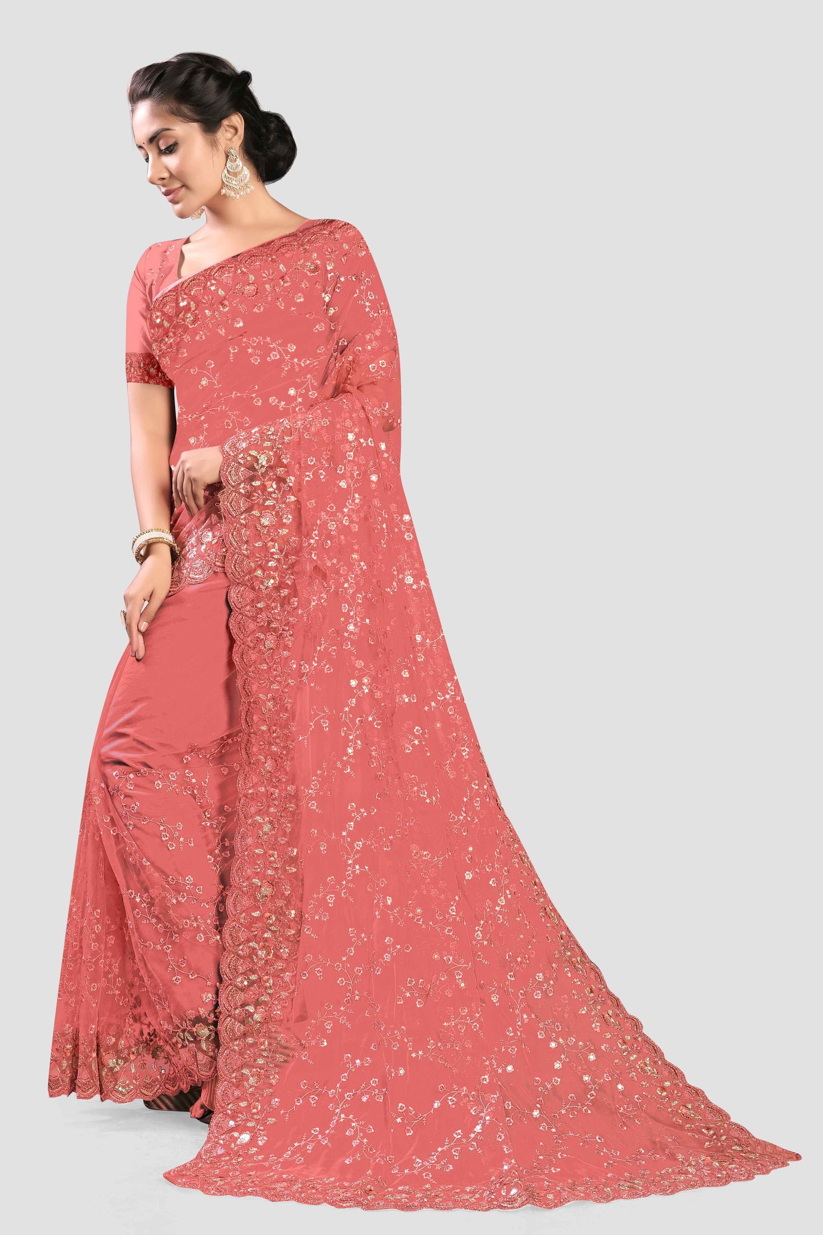 Pink Stonework Net Saree - KAJREE