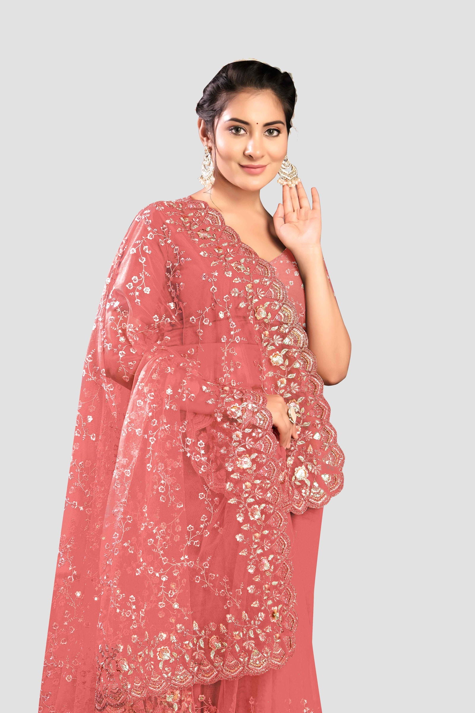 Pink Stonework Net Saree - KAJREE
