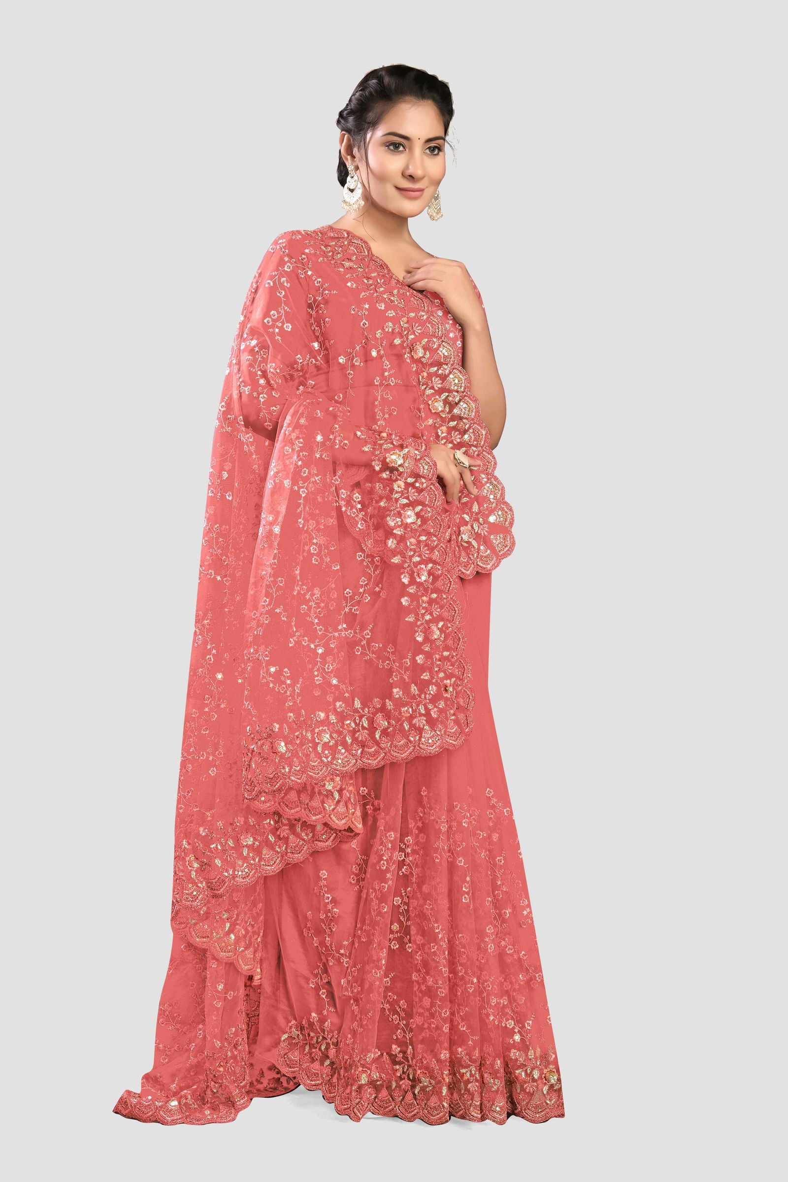 Pink Stonework Net Saree - KAJREE