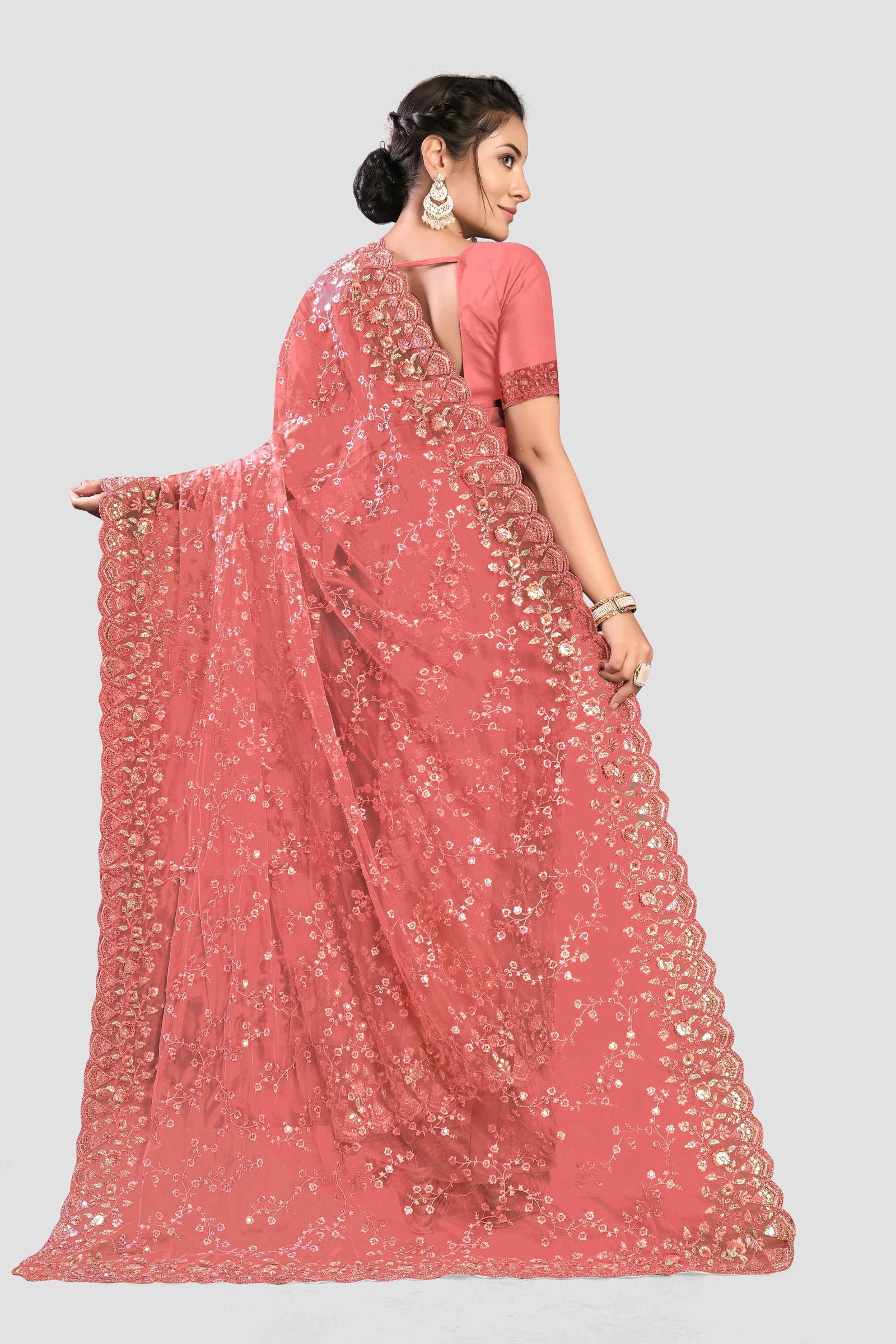 Pink Stonework Net Saree - KAJREE