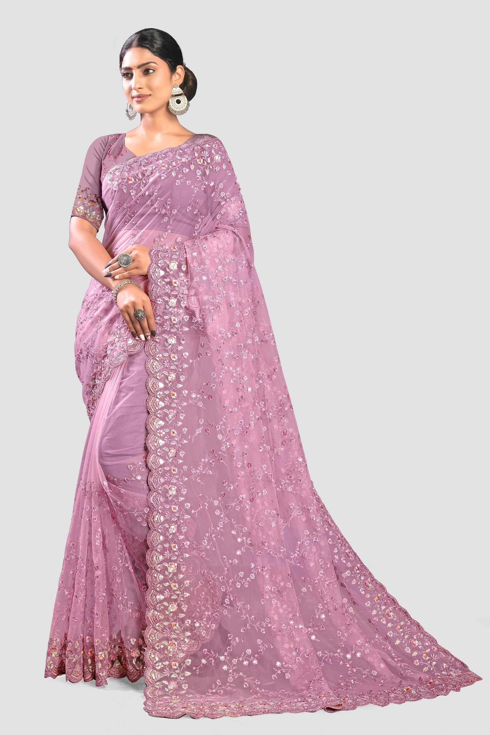 Embroidered Net Saree - Purple - KAJREE