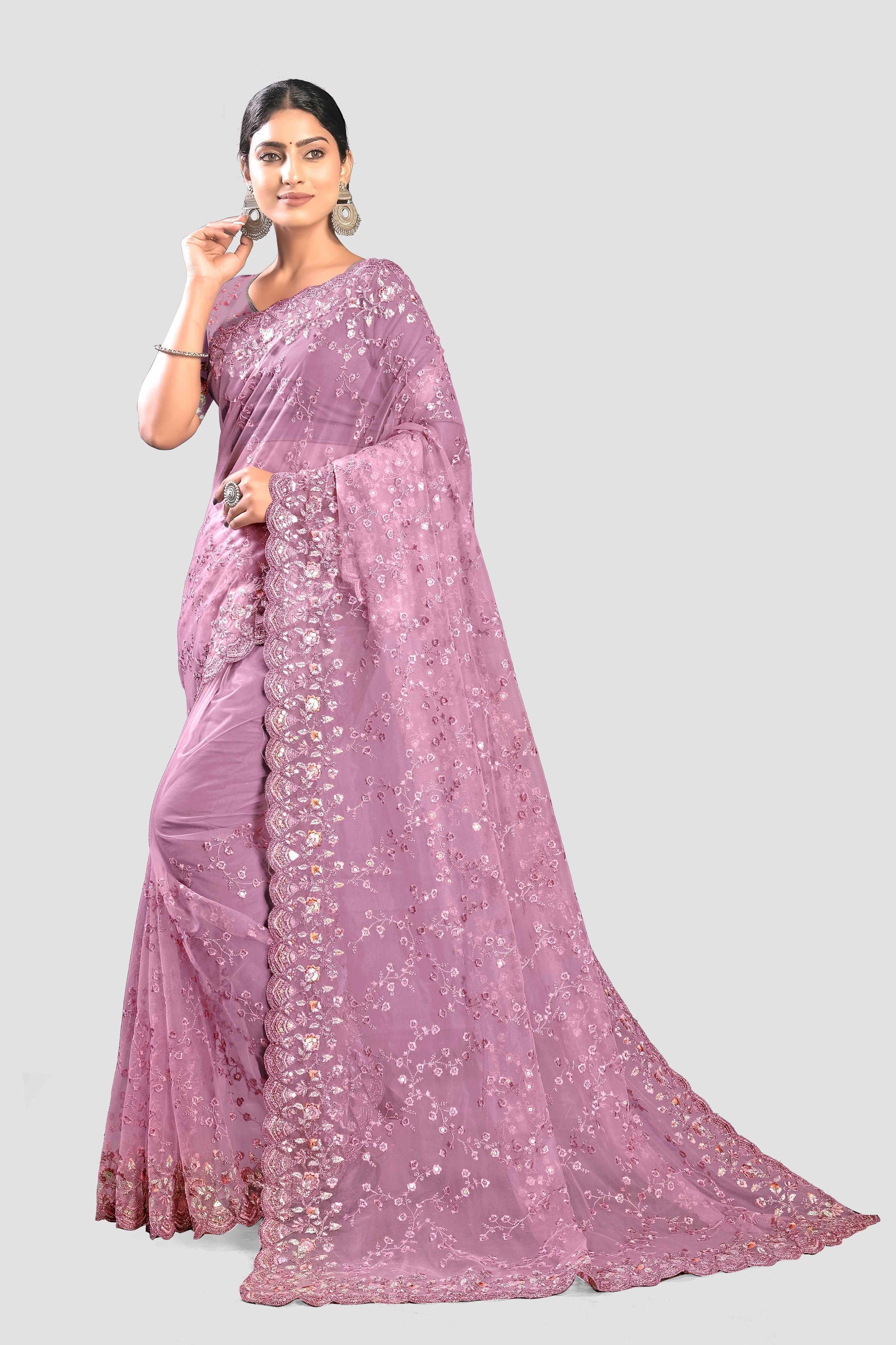 Embroidered Net Saree - Purple - KAJREE