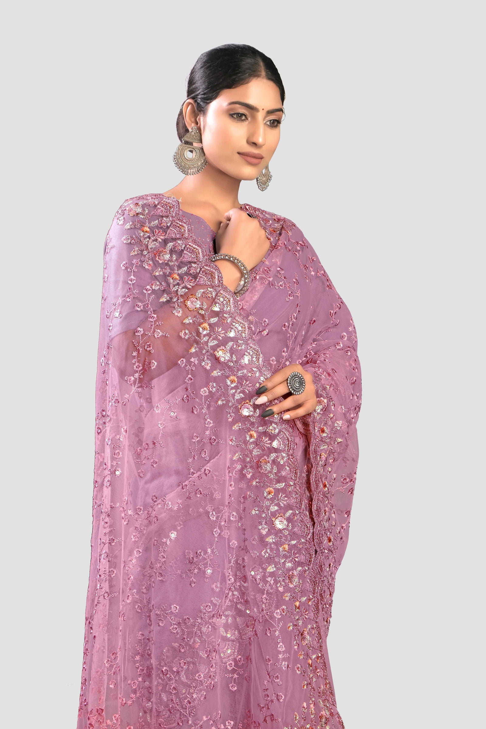 Embroidered Net Saree - Purple - KAJREE