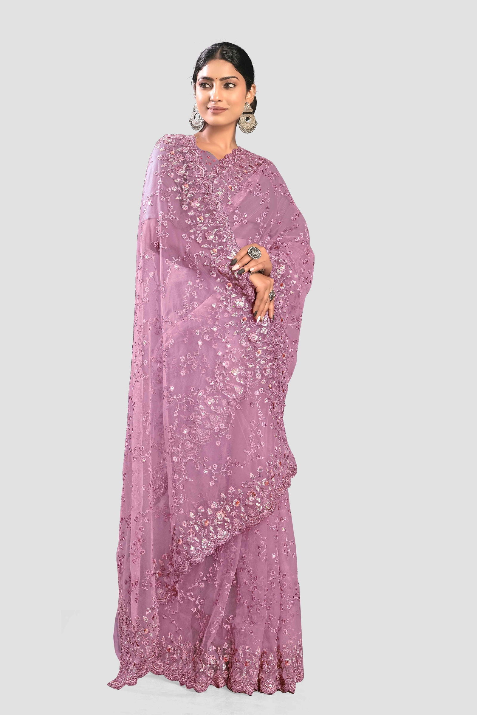 Embroidered Net Saree - Purple - KAJREE