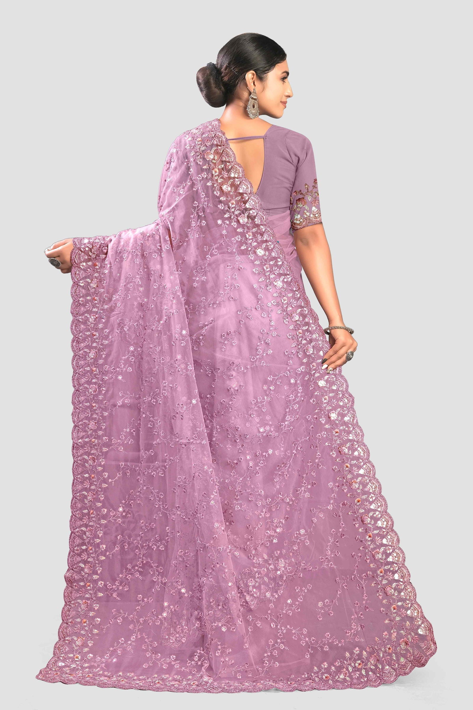 Embroidered Net Saree - Purple - KAJREE