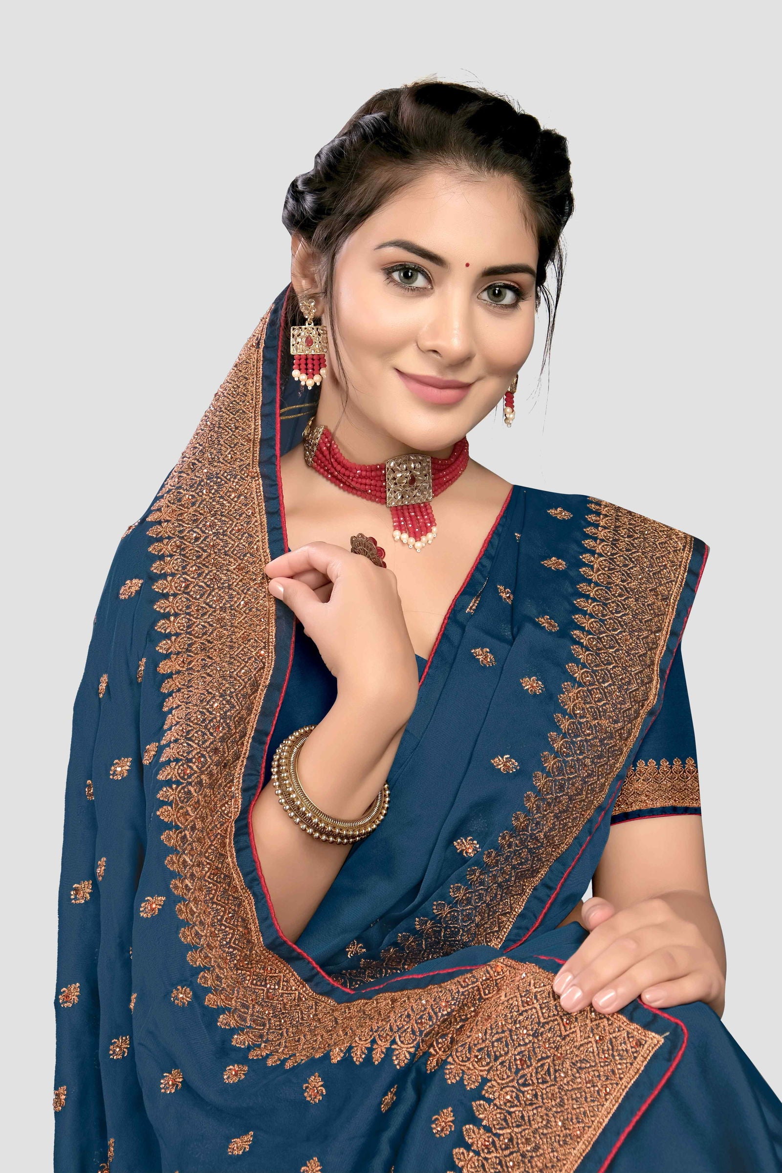 Blue Stonework Georgette Saree - KAJREE