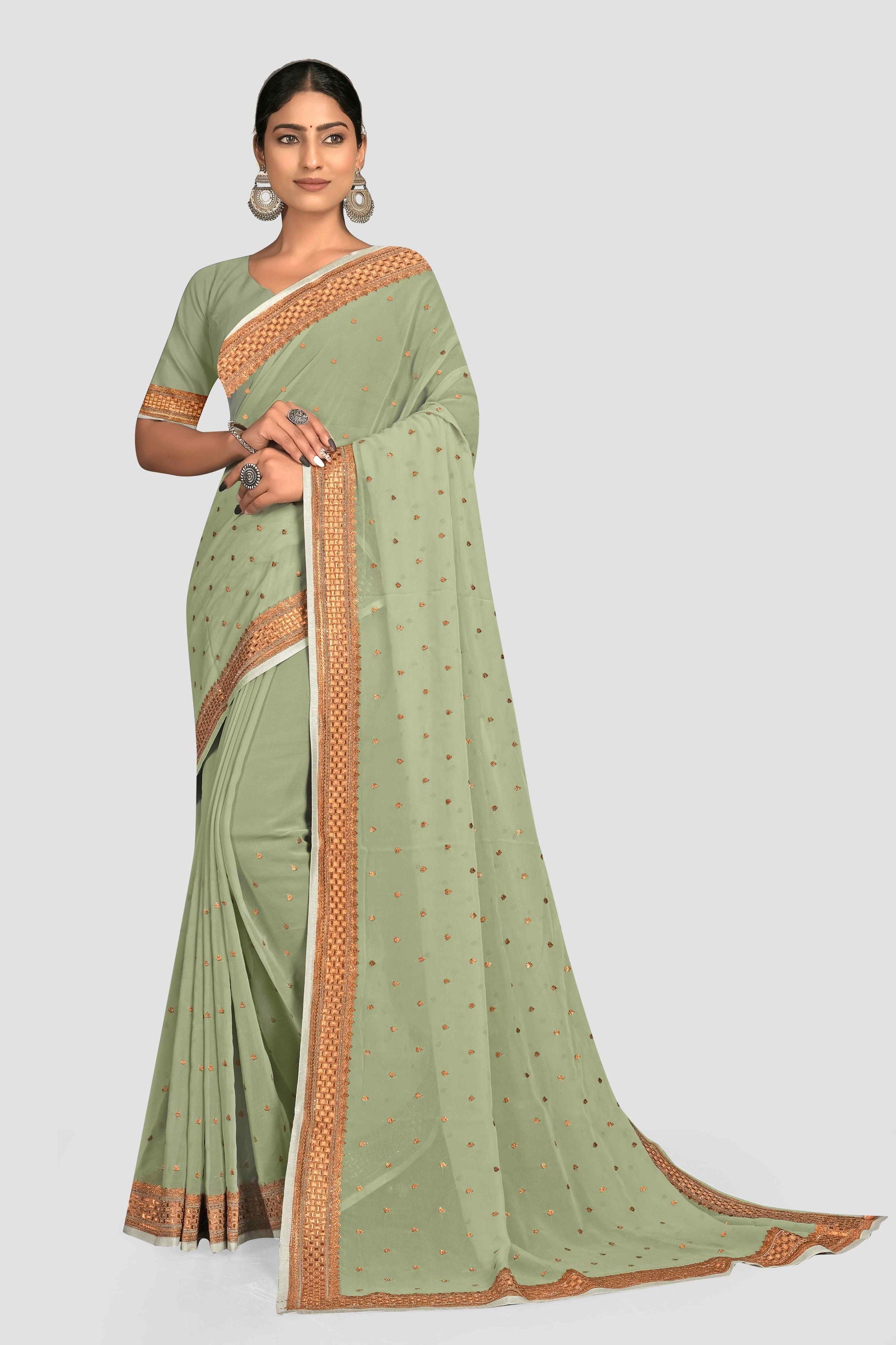 Green Stonework Georgette Saree - KAJREE