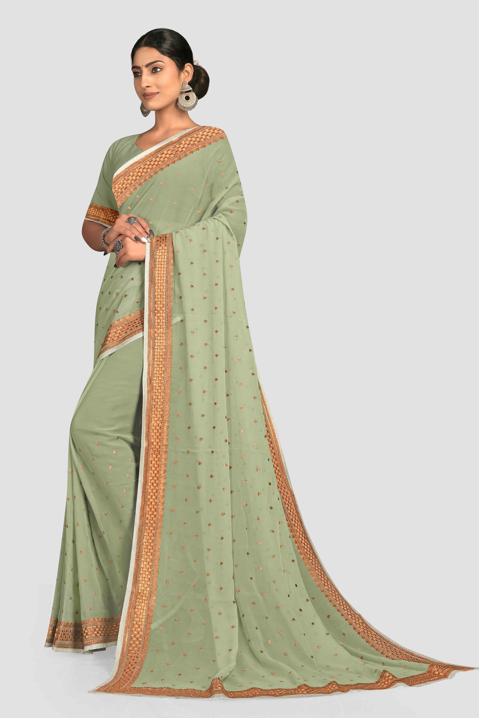 Green Stonework Georgette Saree - KAJREE