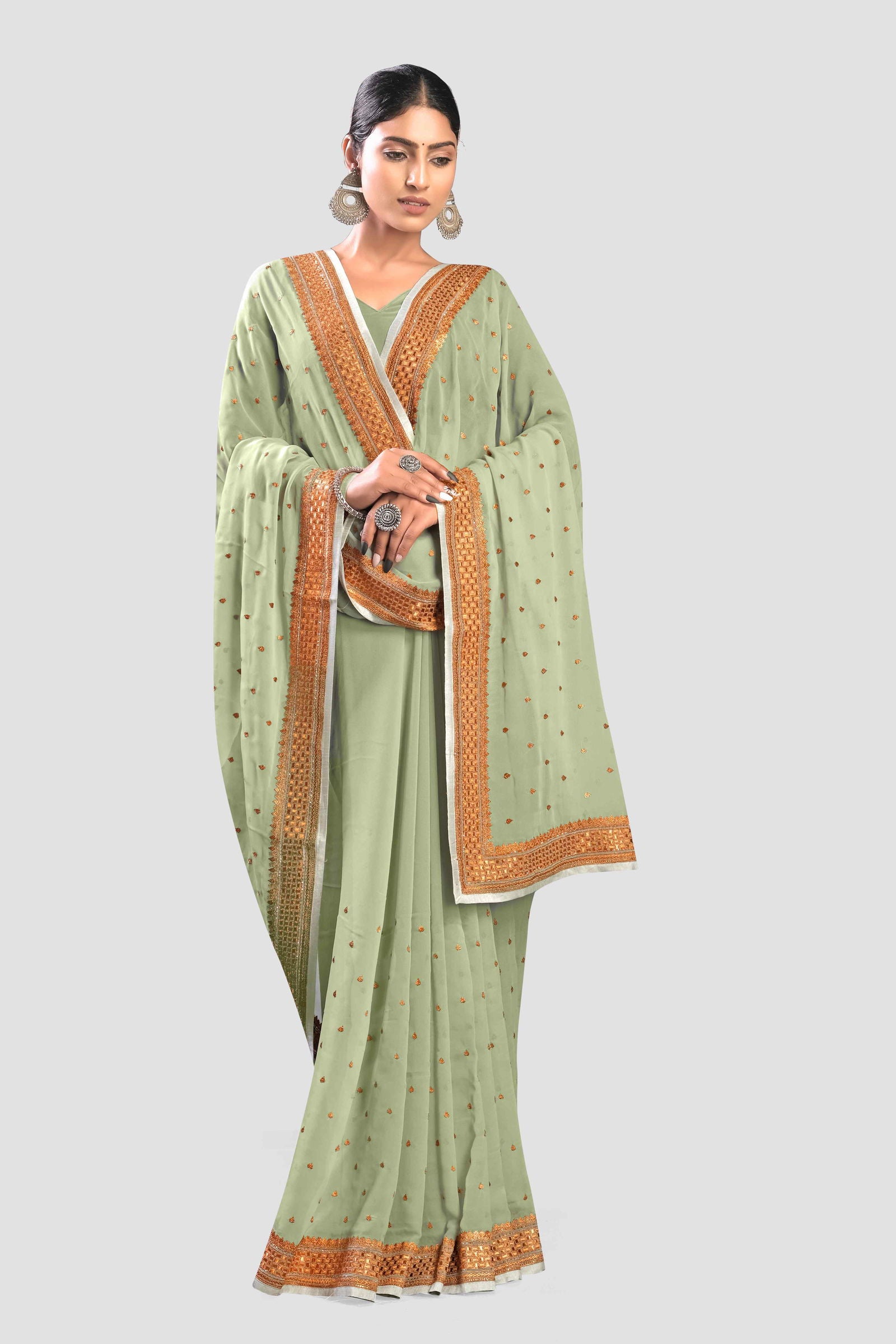 Green Stonework Georgette Saree - KAJREE