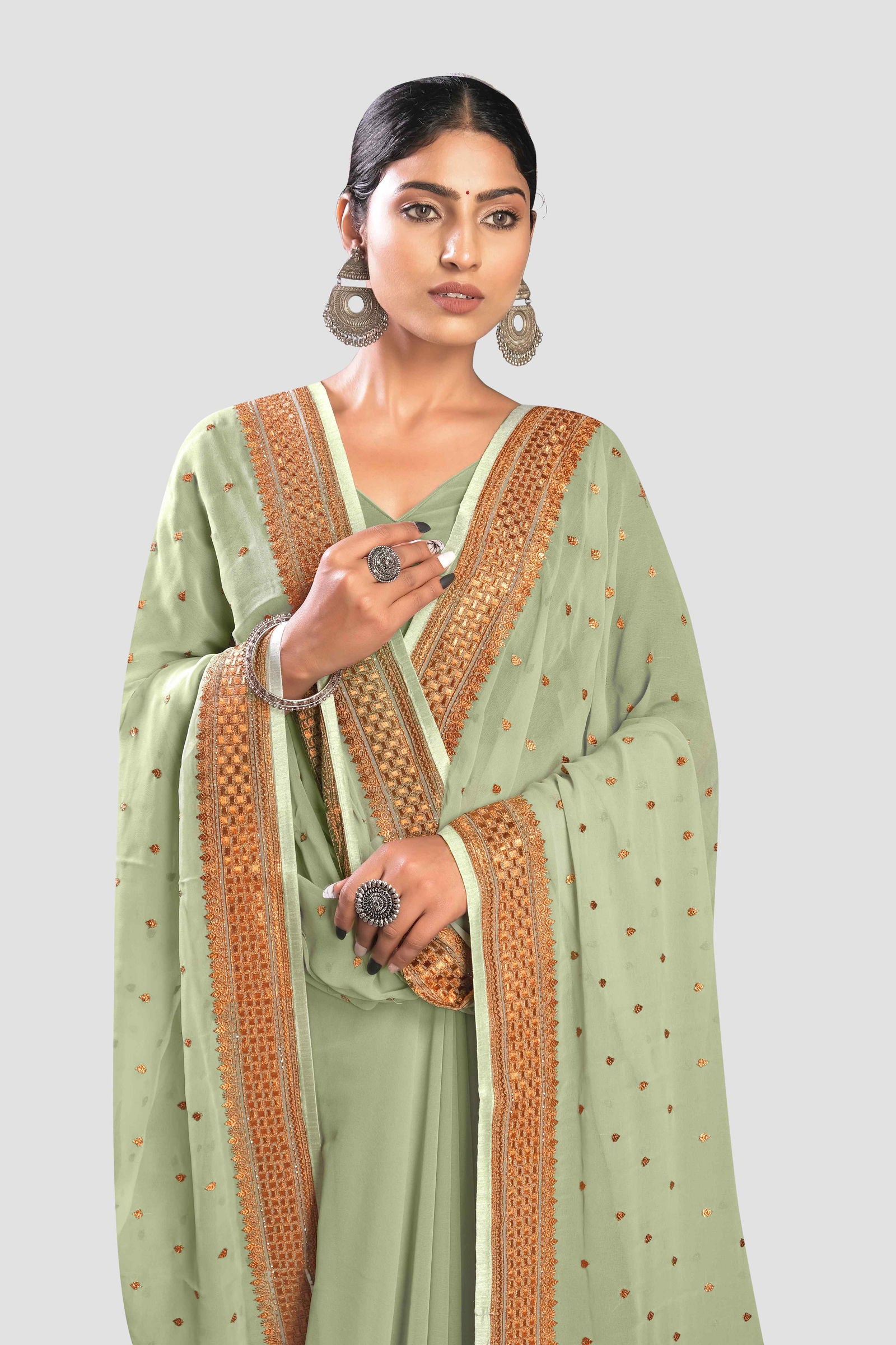 Green Stonework Georgette Saree - KAJREE