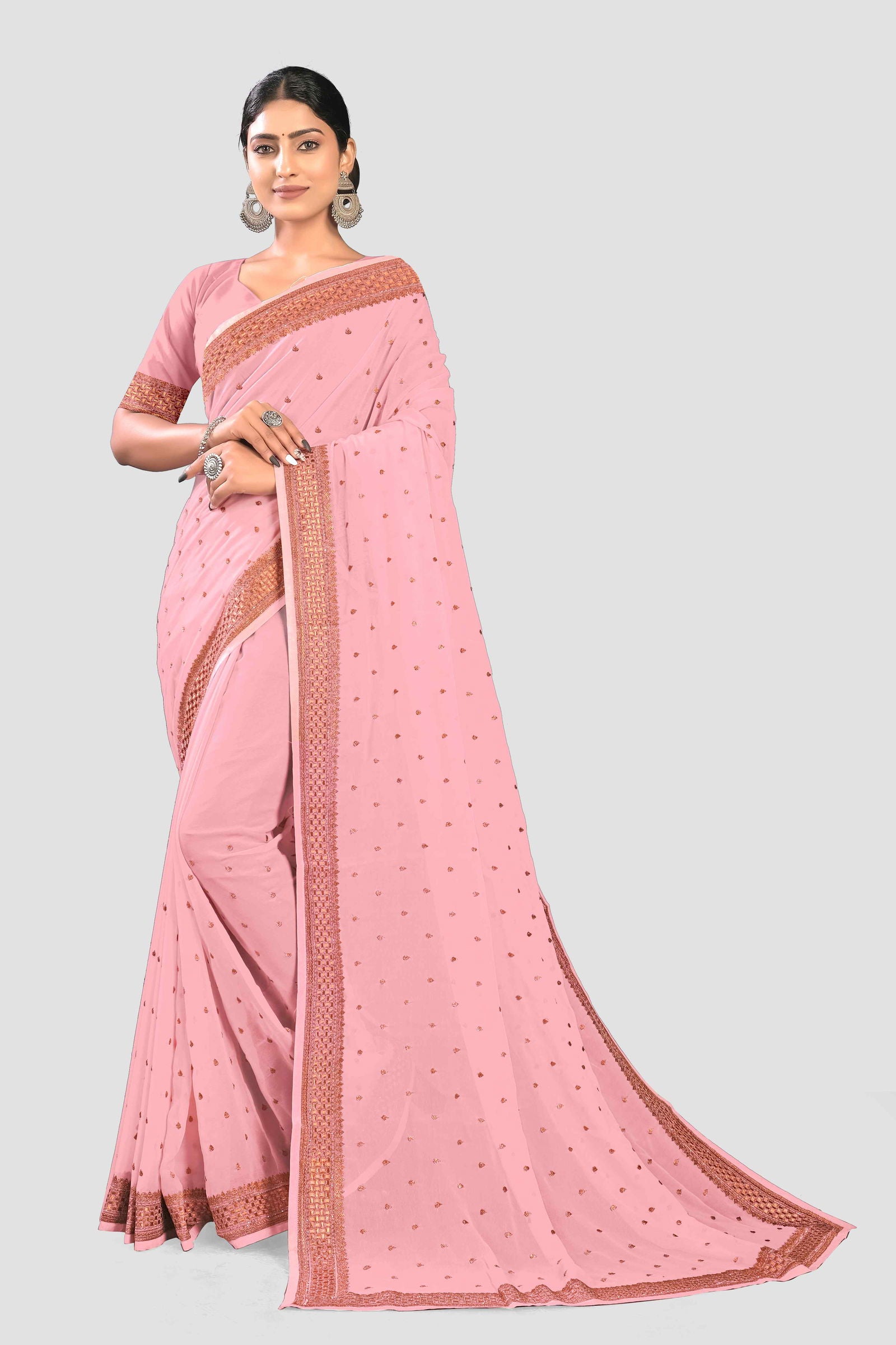 Pink Stonework Georgette Saree - KAJREE