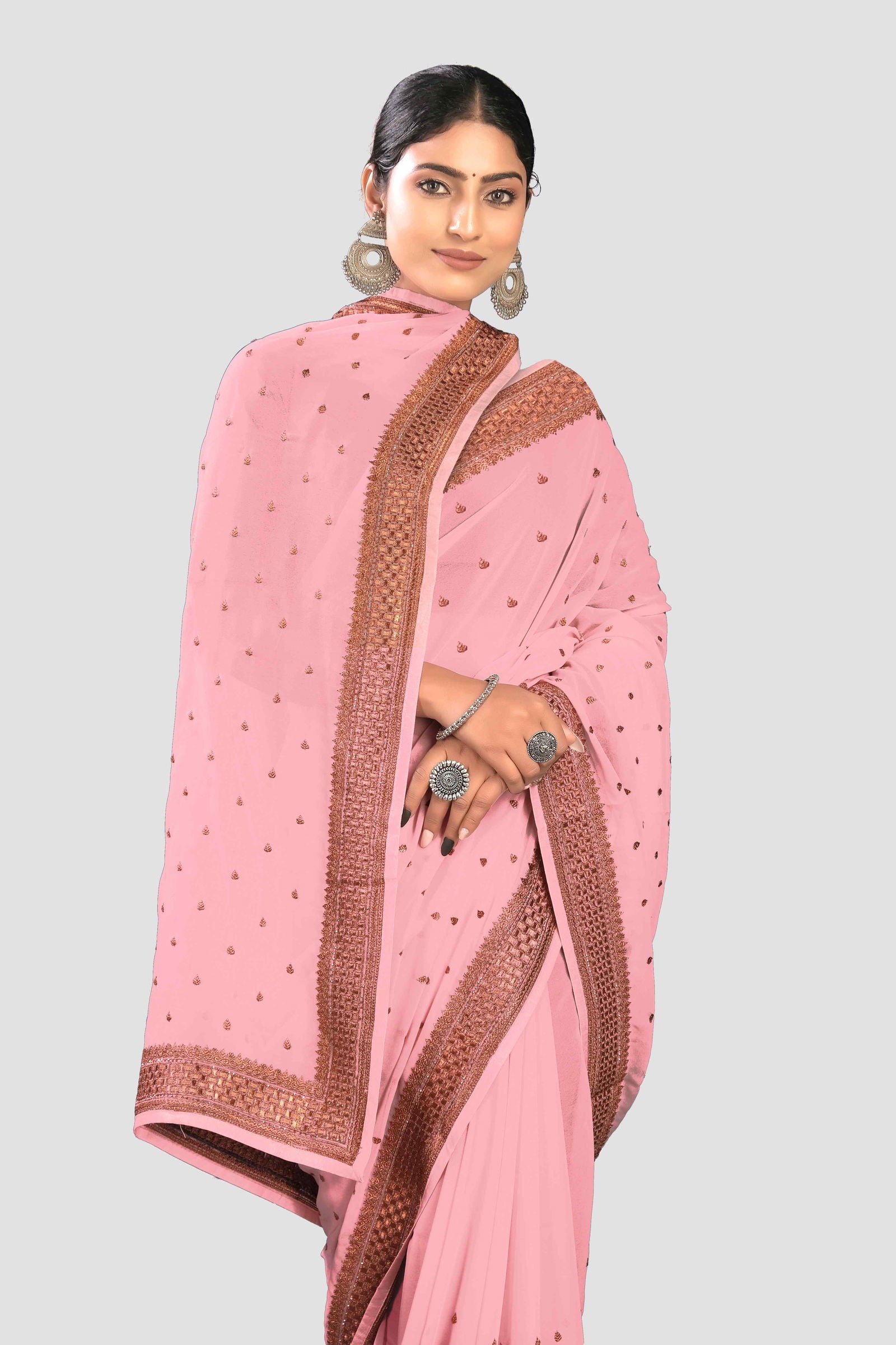 Pink Stonework Georgette Saree - KAJREE