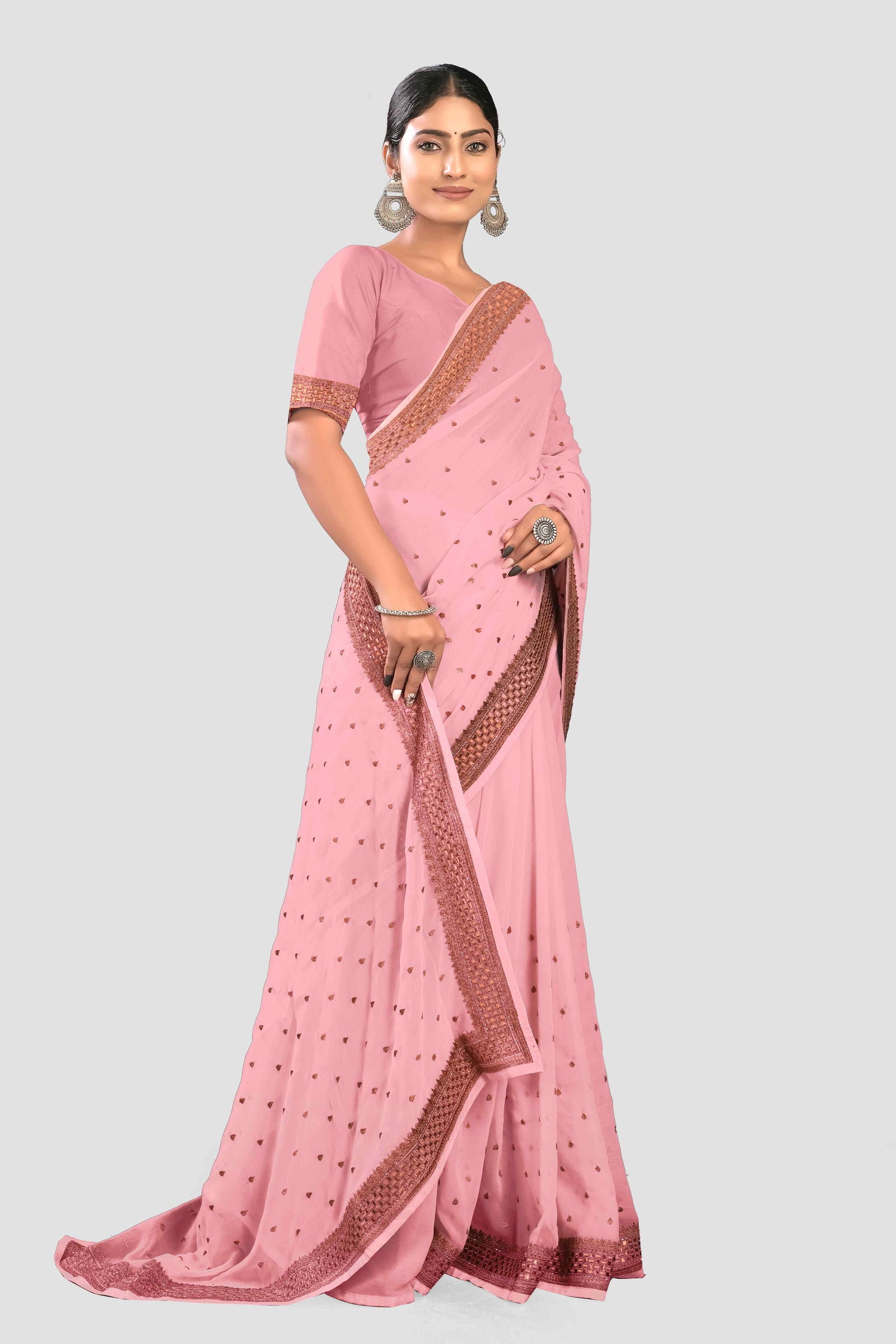 Pink Stonework Georgette Saree - KAJREE